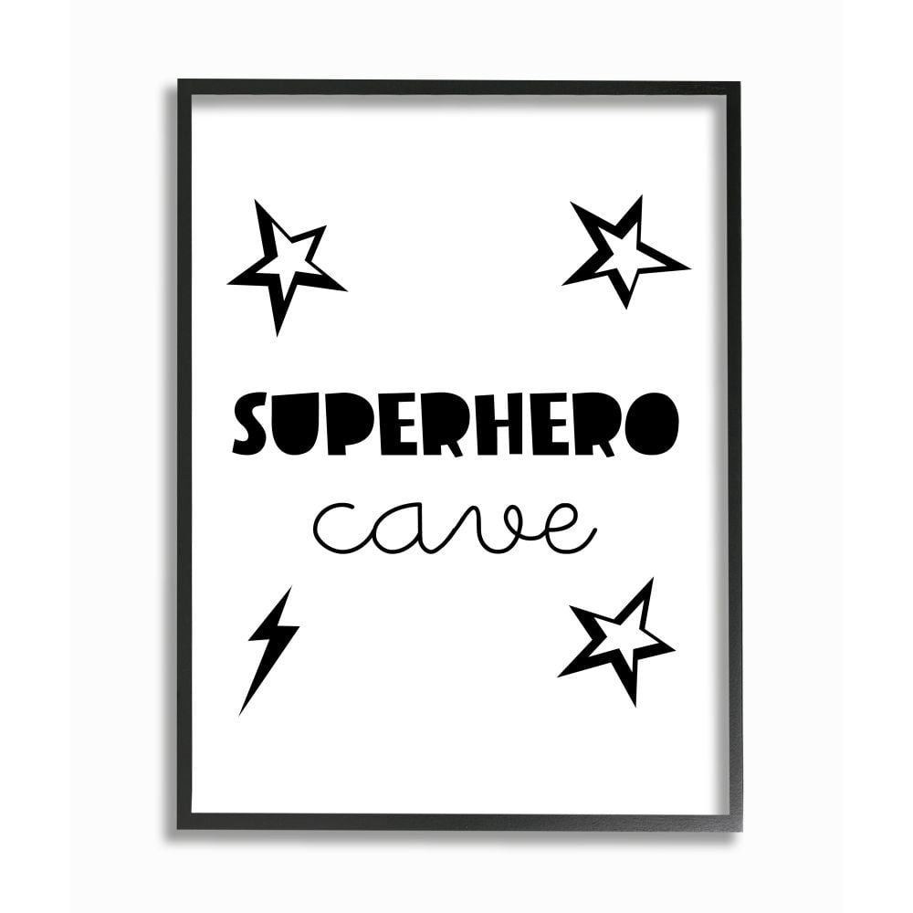 Stupell Industries Superhero Cave Kid's Room Sign Stars Lightening Bolt Framed Wall Art Design by Seven Trees Design
