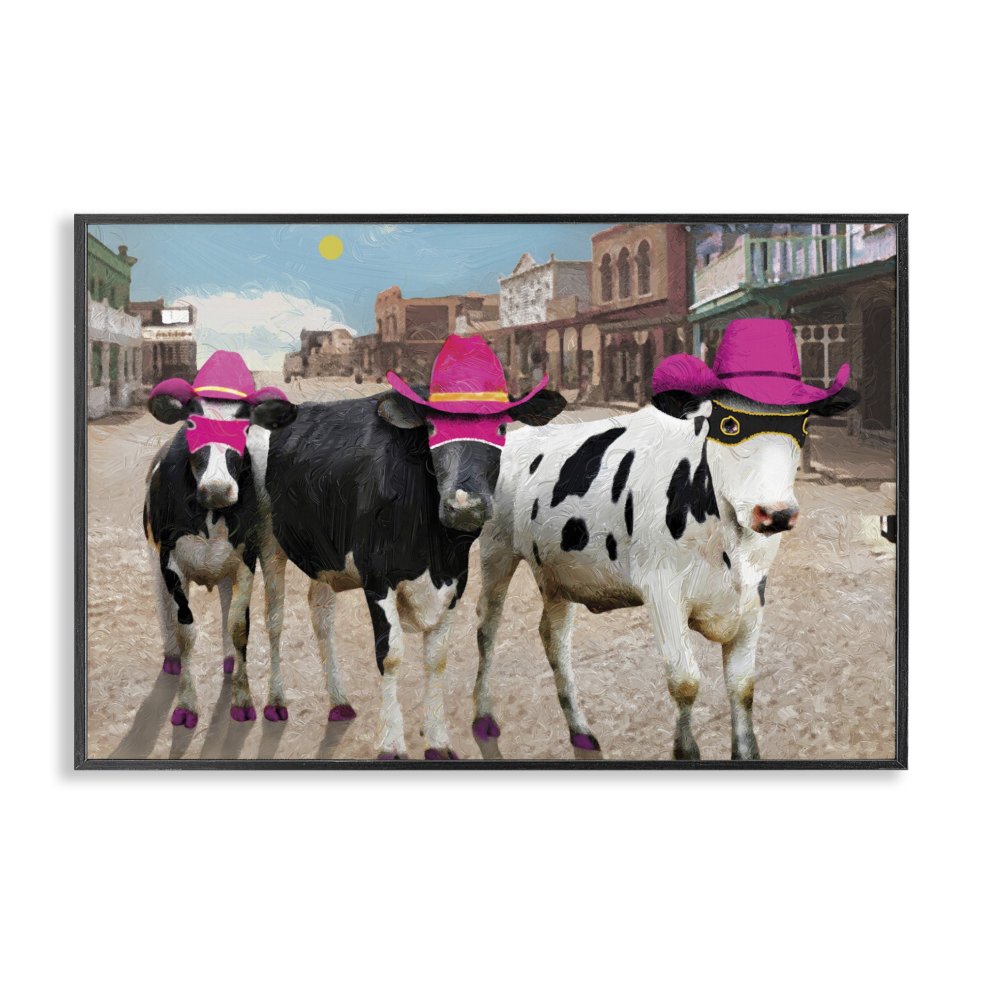Stupell Industries Superhero Cows in Town Scenery Painting Black Framed Art Print Wall Art, 24 x 16