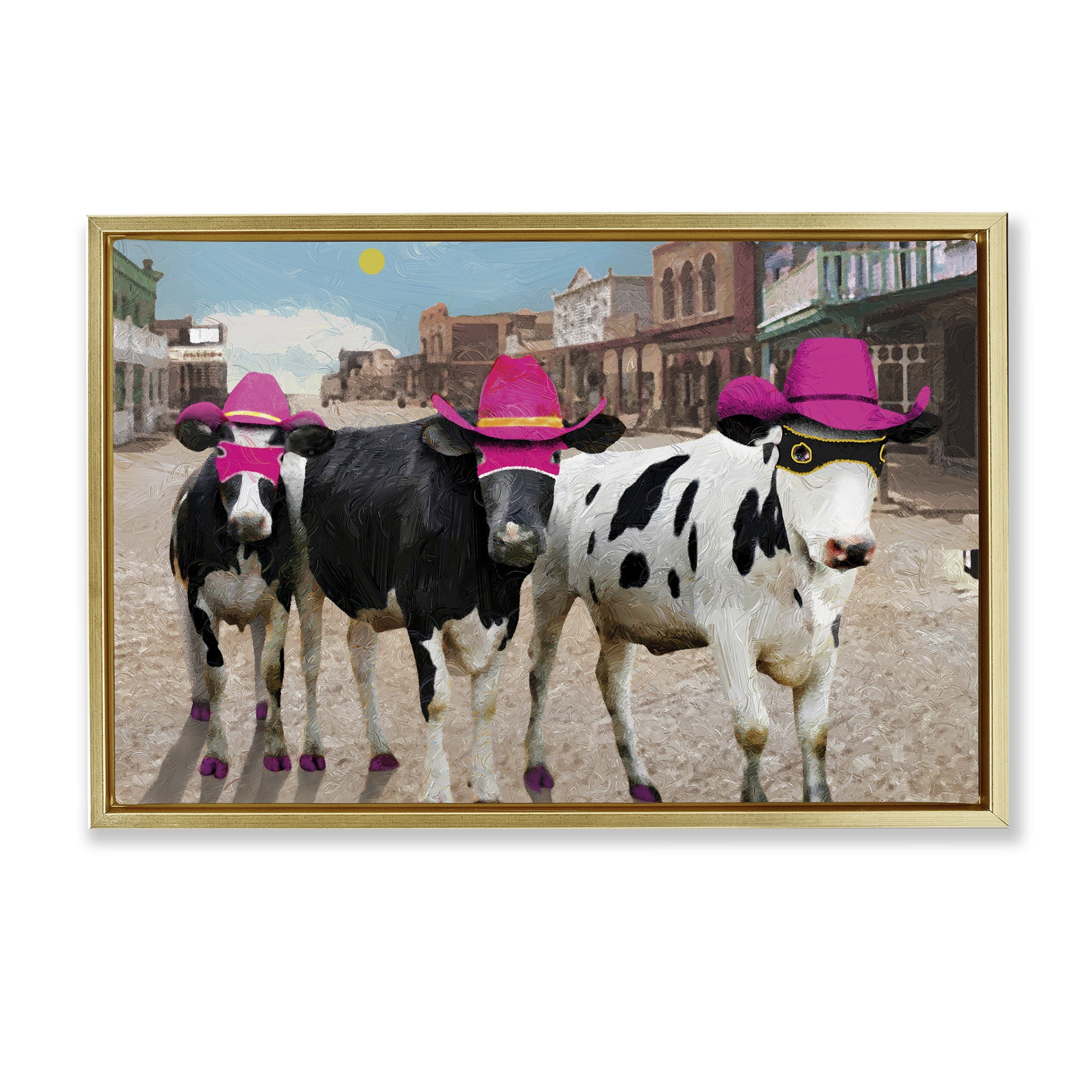 Stupell Industries Superhero Cows in Town Scenery Painting Gold Floater Framed Canvas Art Print Wall Art, 25 x 17