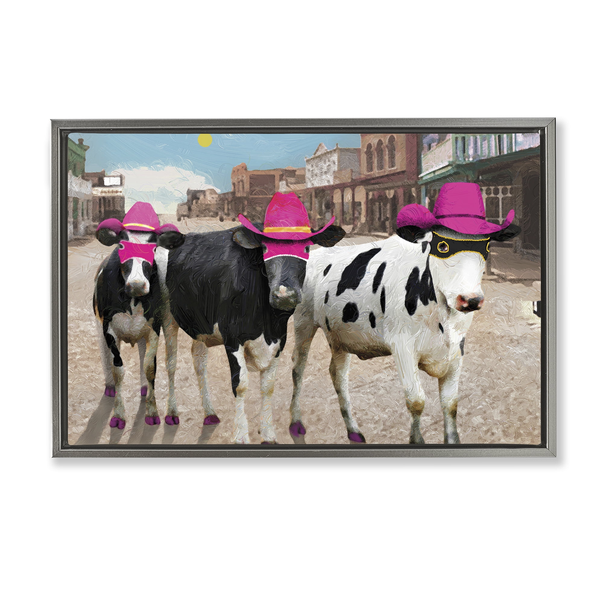 Stupell Industries Superhero Cows in Town Scenery Painting Gray Floater Framed Canvas Art Print Wall Art, 25 x 17