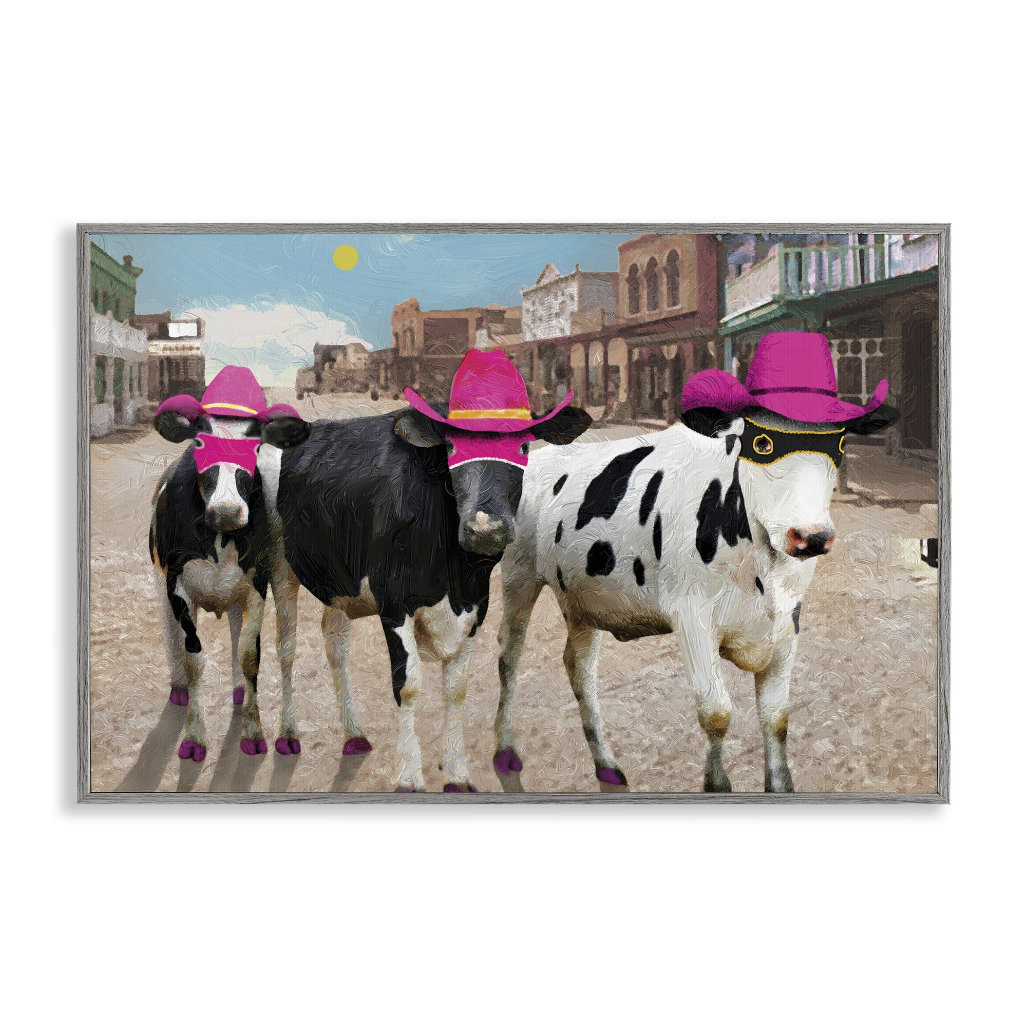 Stupell Industries Superhero Cows in Town Scenery Painting Gray Framed Art Print Wall Art, 24 x 16