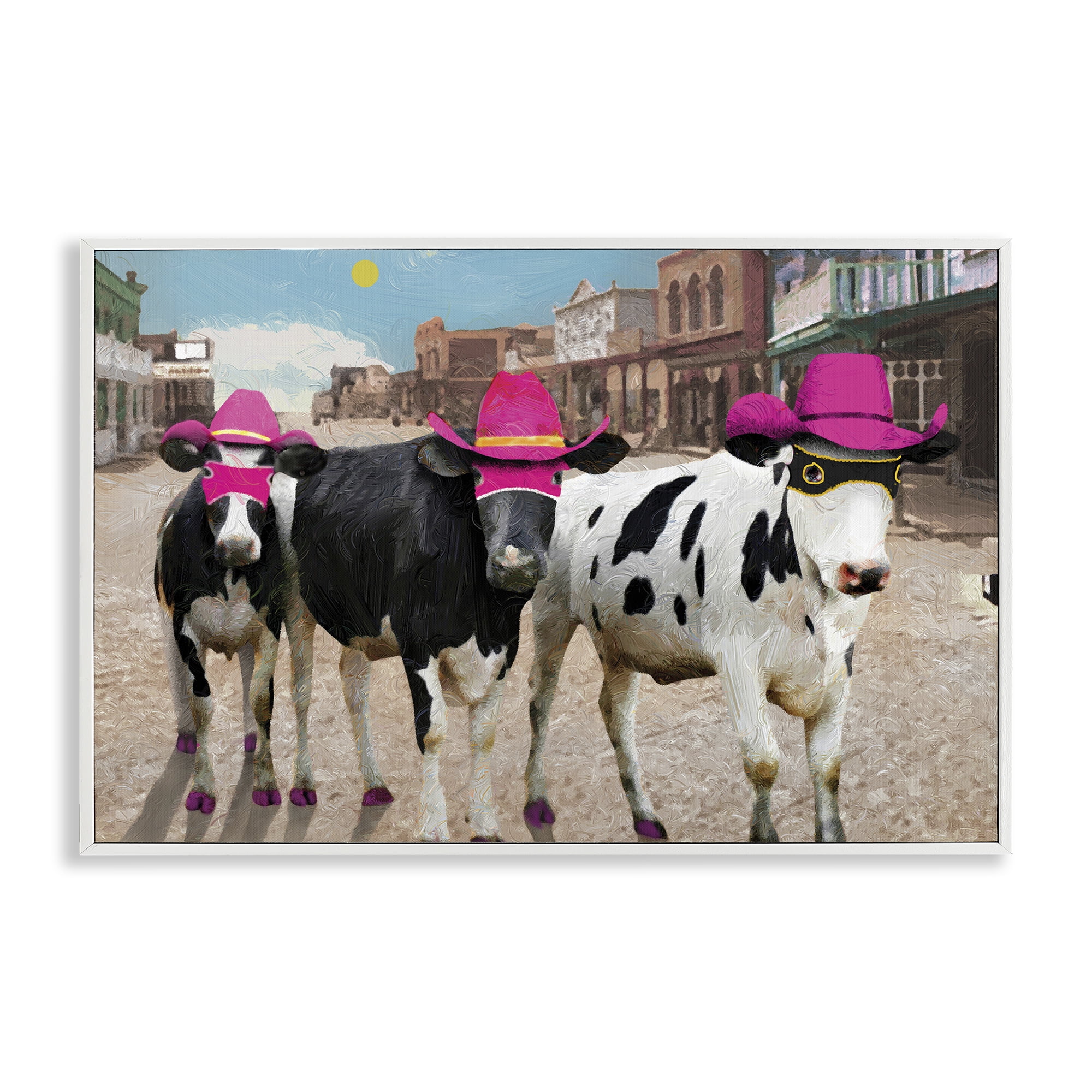 Stupell Industries Superhero Cows in Town Scenery Painting White Framed Art Print Wall Art, 30 x 20
