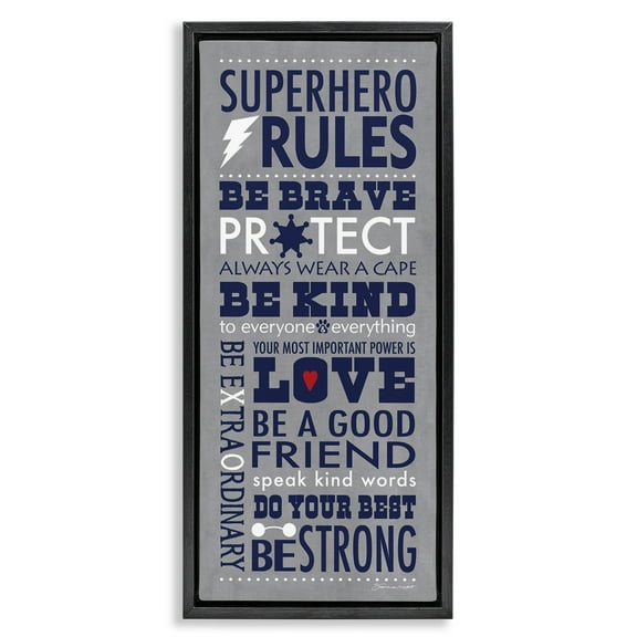 Stupell Industries Superhero Rules Typography Art for Kids Painting Black Floater Framed Canvas Art Print Wall Art, 11 x 25