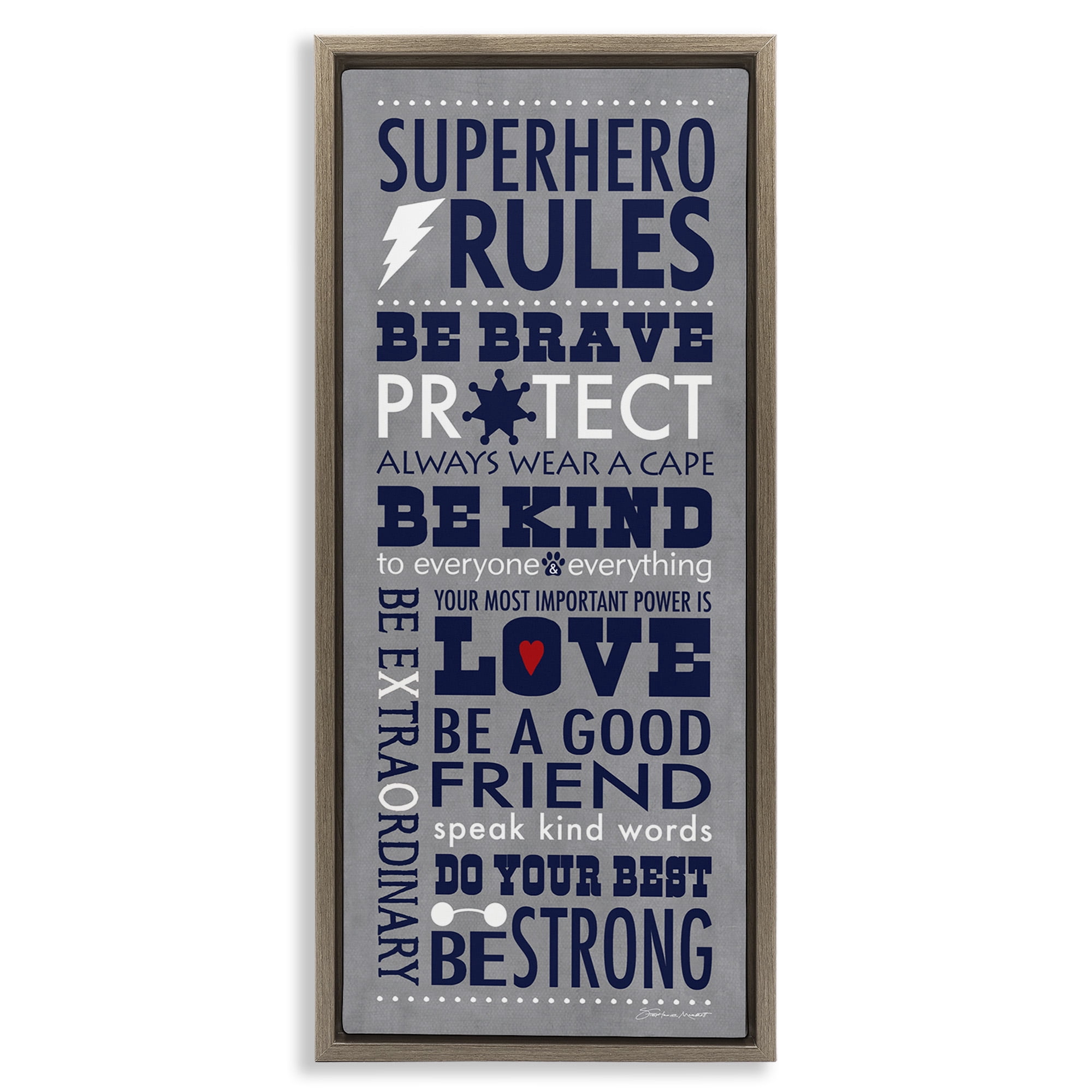 Stupell Industries Superhero Rules Typography Art for Kids Painting Brown Floater Framed Canvas Art Print Wall Art, 15 x 31