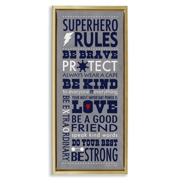 Stupell Industries Superhero Rules Typography Art for Kids Painting Gold Floater Framed Canvas Art Print Wall Art, 11 x 25