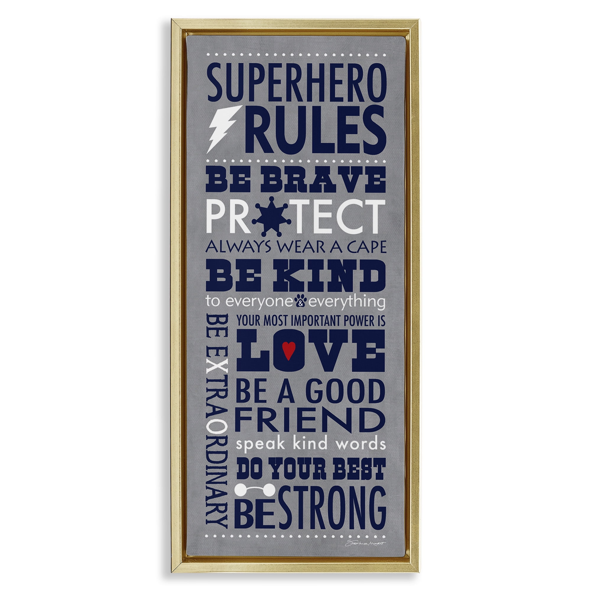 Stupell Industries Superhero Rules Typography Art for Kids Painting Gold Floater Framed Canvas Art Print Wall Art, 15 x 31