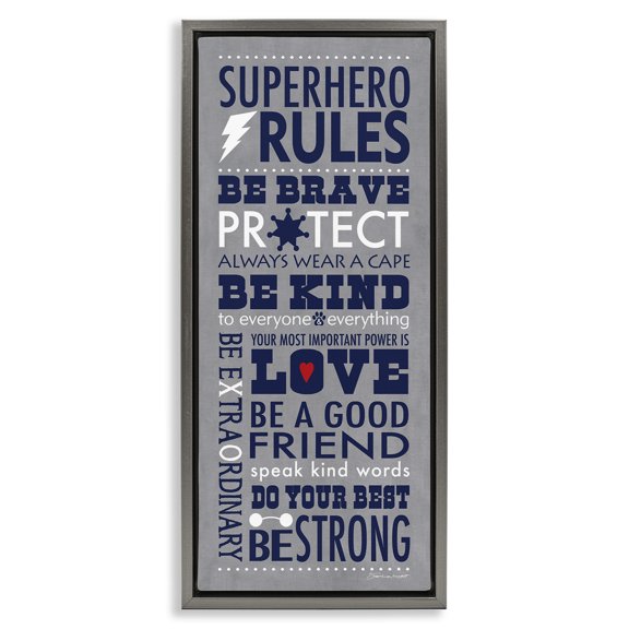 Stupell Industries Eclectic Superhero Rules Typography Gray Floating Frame Canvas Art, 14 x 31, by Stephanie Workman Marrott