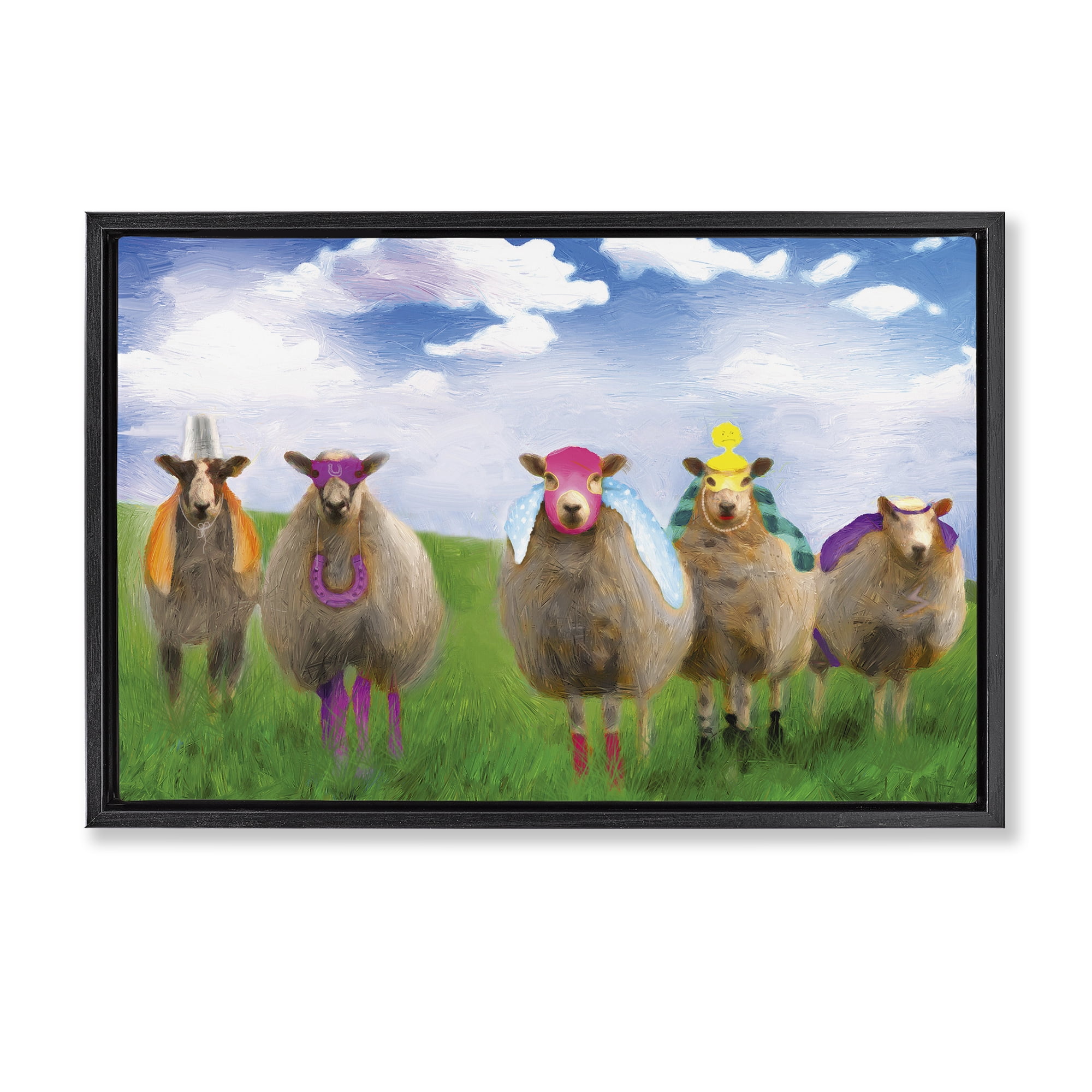 Stupell Industries Superhero Sheep in Field Animals & Insects Painting Black Floater Framed Canvas Art Print Wall Art, 31 x 21