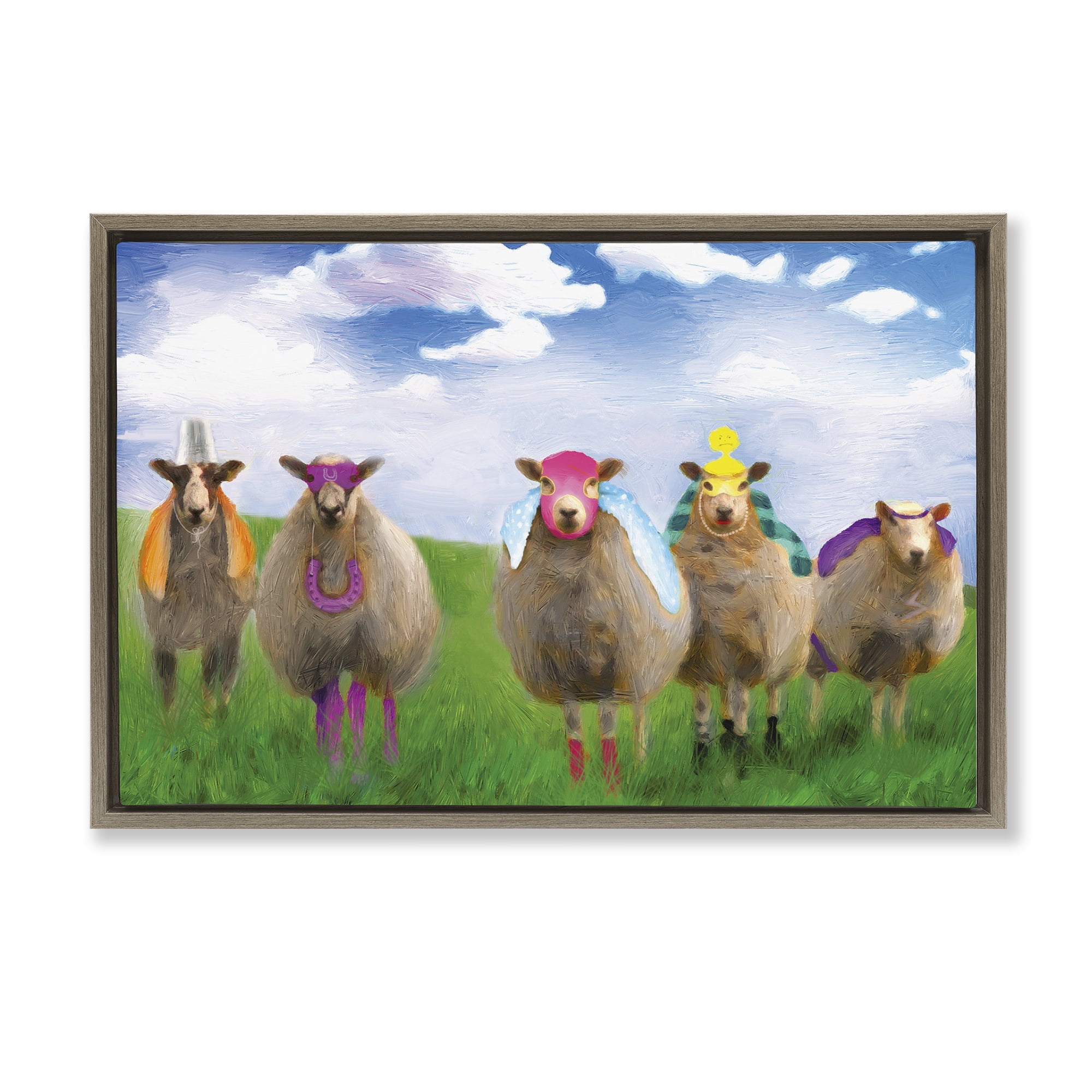 Stupell Industries Superhero Sheep in Field Animals & Insects Painting Brown Floater Framed Canvas Art Print Wall Art, 31 x 21