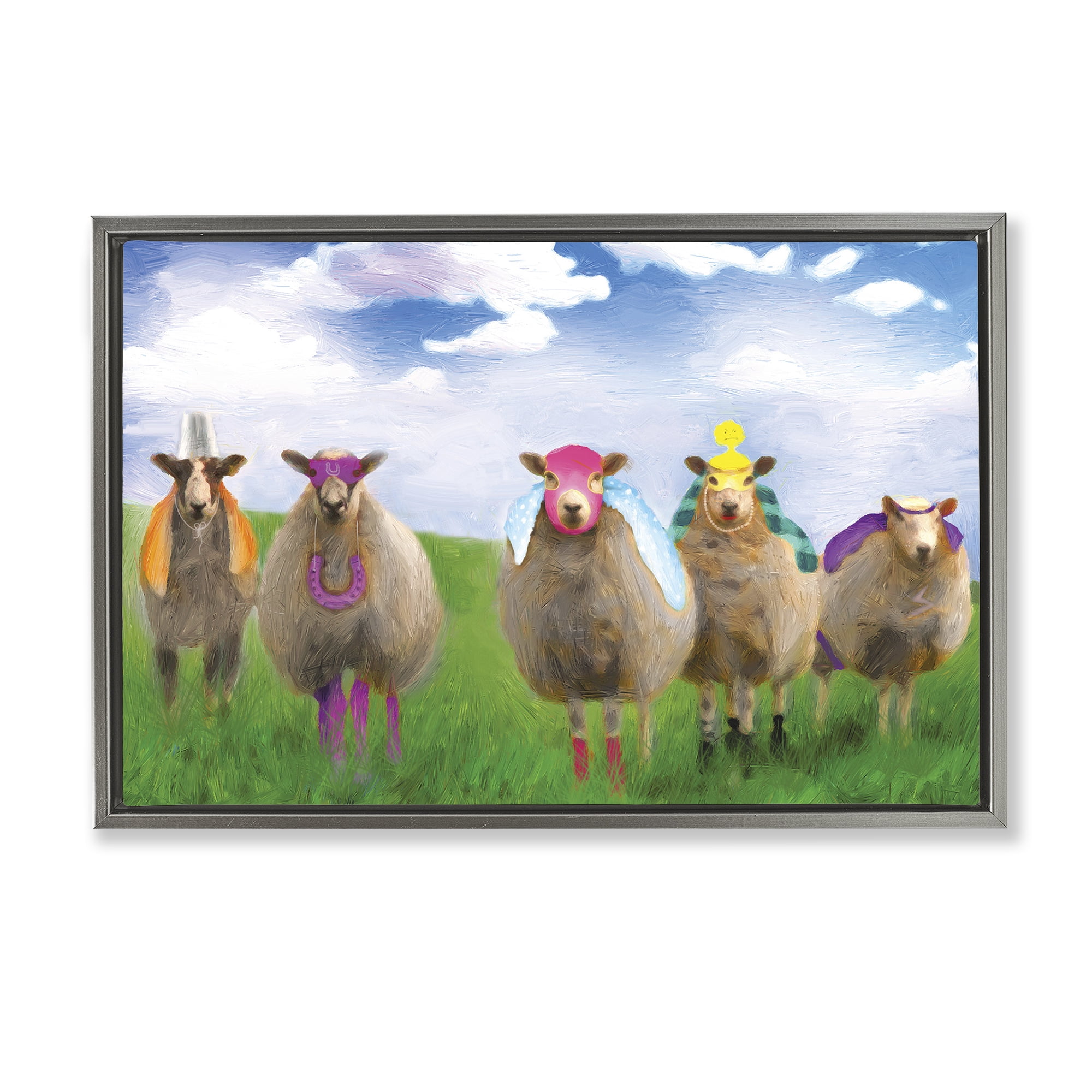 Stupell Industries Superhero Sheep in Field Animals & Insects Painting Gray Floater Framed Canvas Art Print Wall Art, 31 x 21