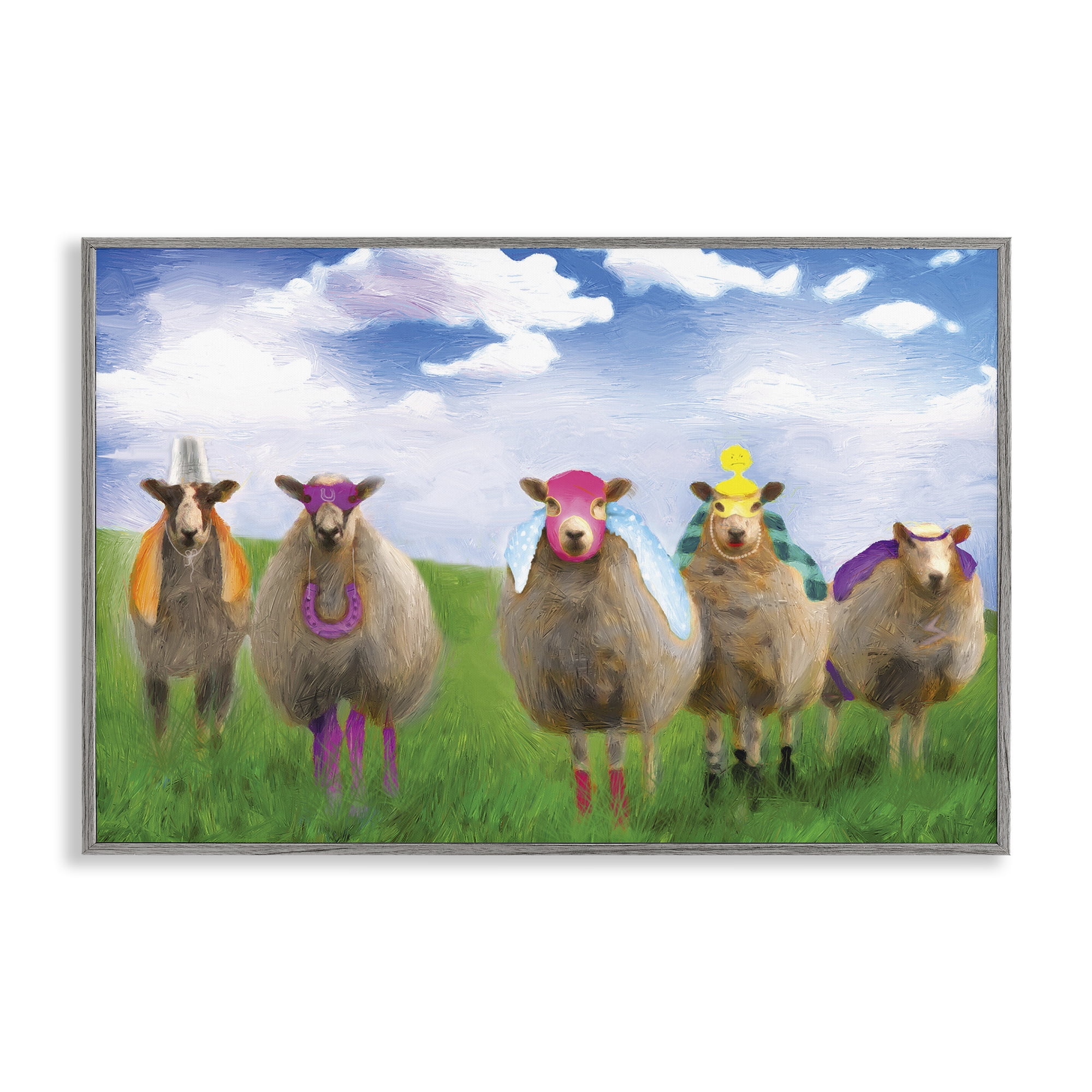 Stupell Industries Superhero Sheep in Field Animals & Insects Painting Gray Framed Art Print Wall Art, 24 x 16
