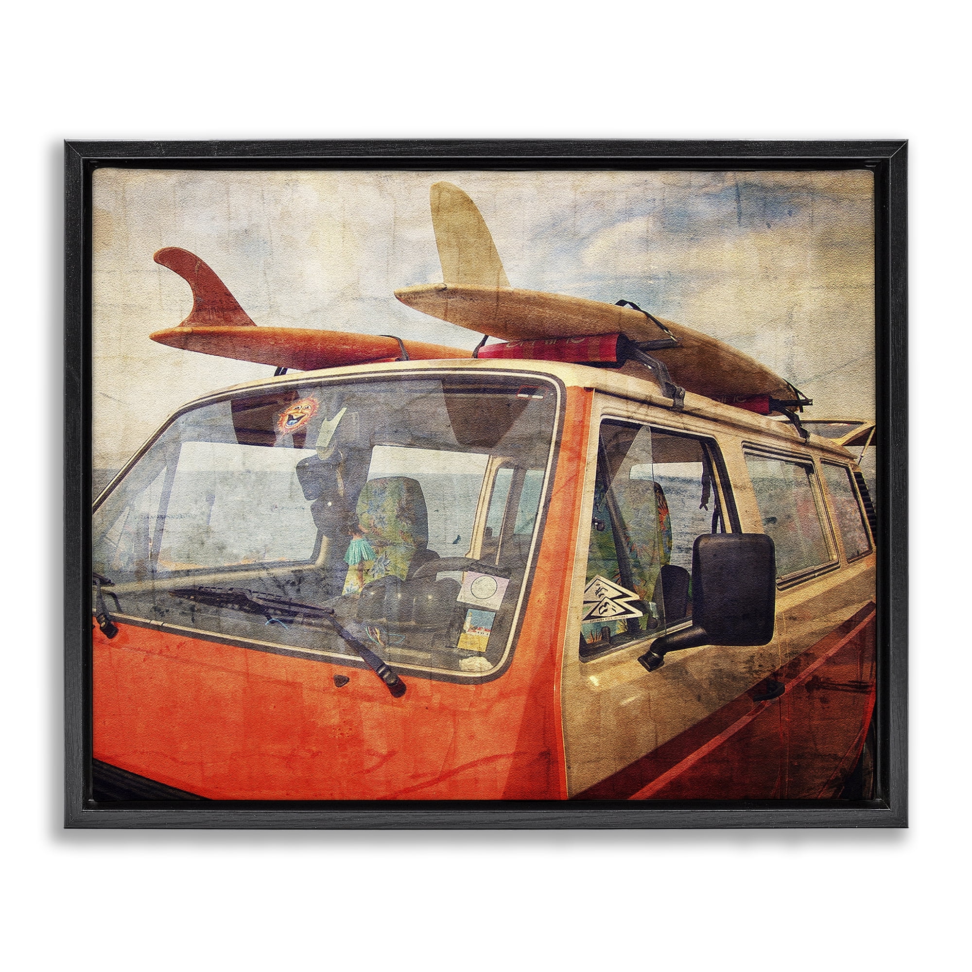 Stupell Industries Surf Bus Vintage Distressed Black Framed Floater Canvas Wall Art, design by Grotto Studios