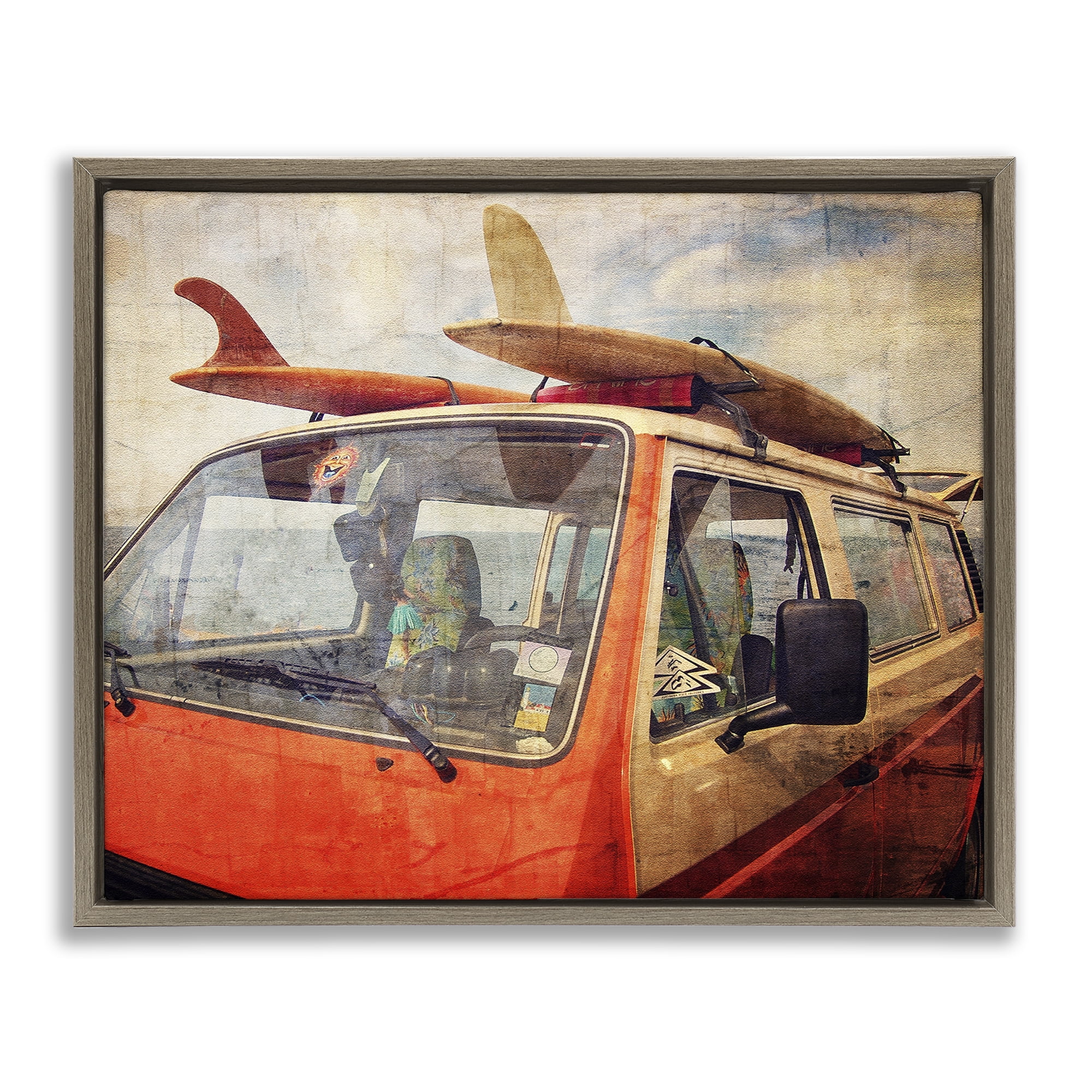 Stupell Industries Surf Bus Vintage Distressed Brown Framed Floater Canvas Wall Art, design by Grotto Studios