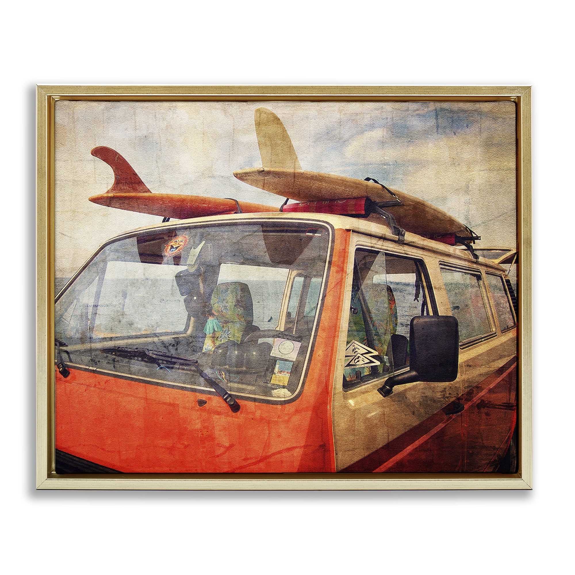 Stupell Industries Surf Bus Vintage Distressed Gold Framed Floater Canvas Wall Art, design by Grotto Studios