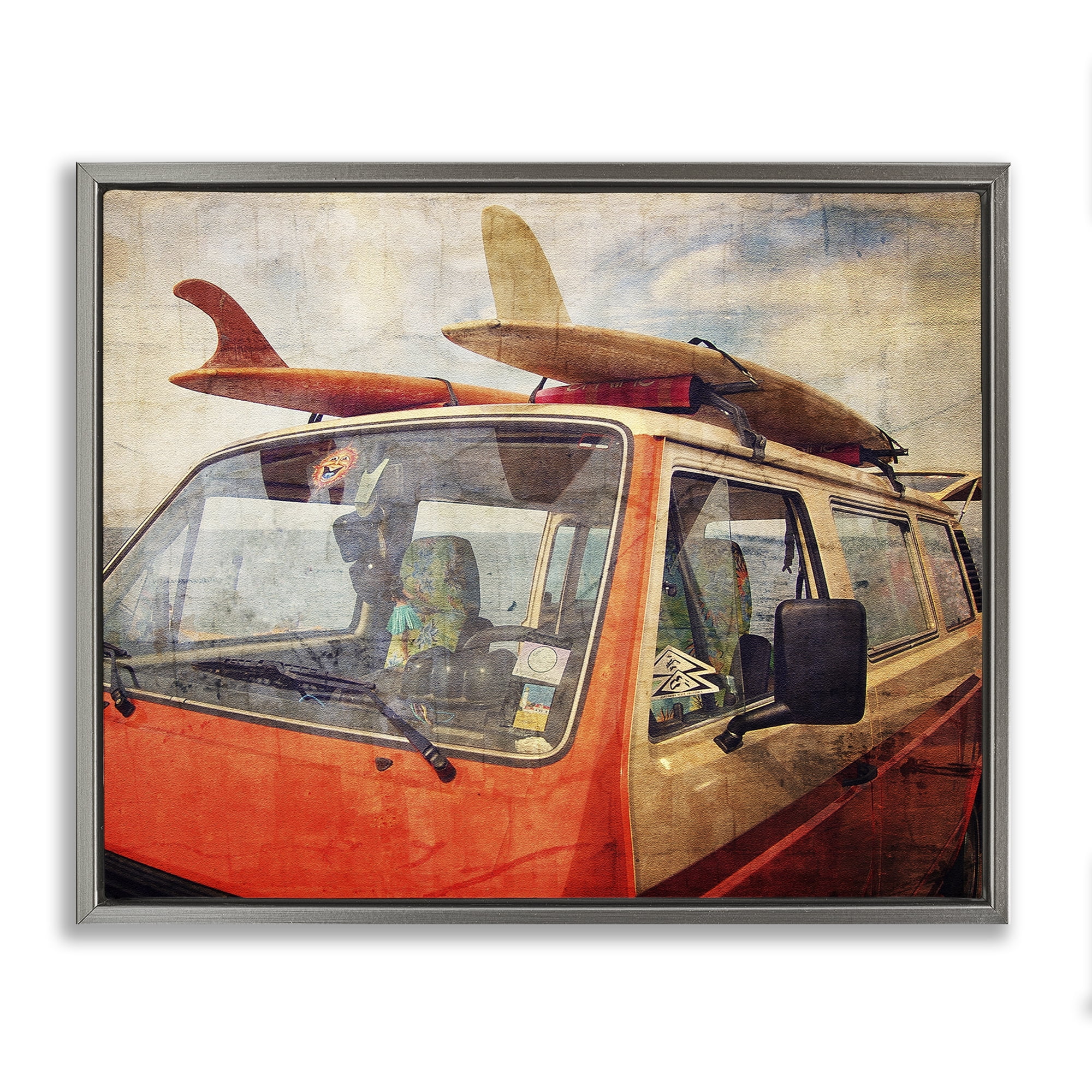 Stupell Industries Surf Bus Vintage Distressed Gray Framed Floater Canvas Wall Art, design by Grotto Studios
