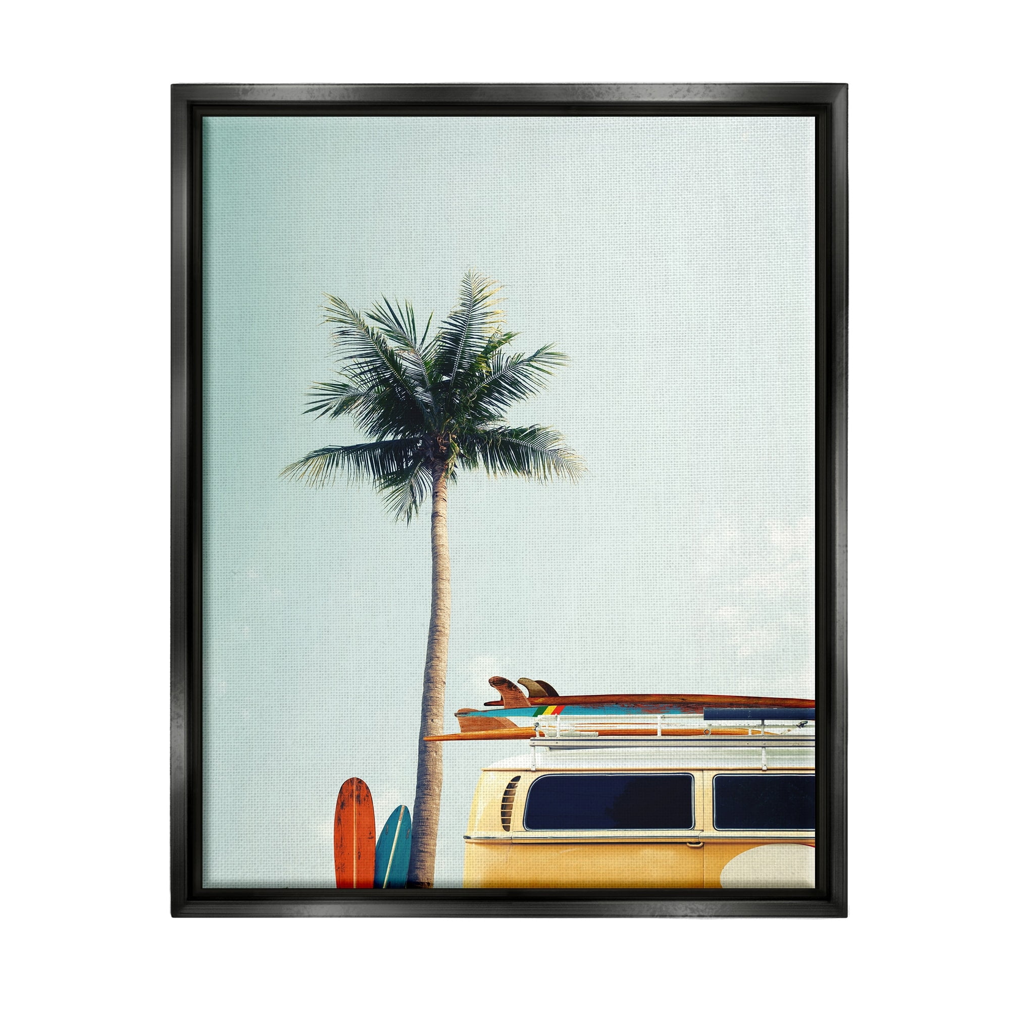 Stupell Industries Surf Bus Yellow With Palm Tree Photography Jet Black Framed Floating Canvas Wall Art, 24x30, by Design Fabrikken