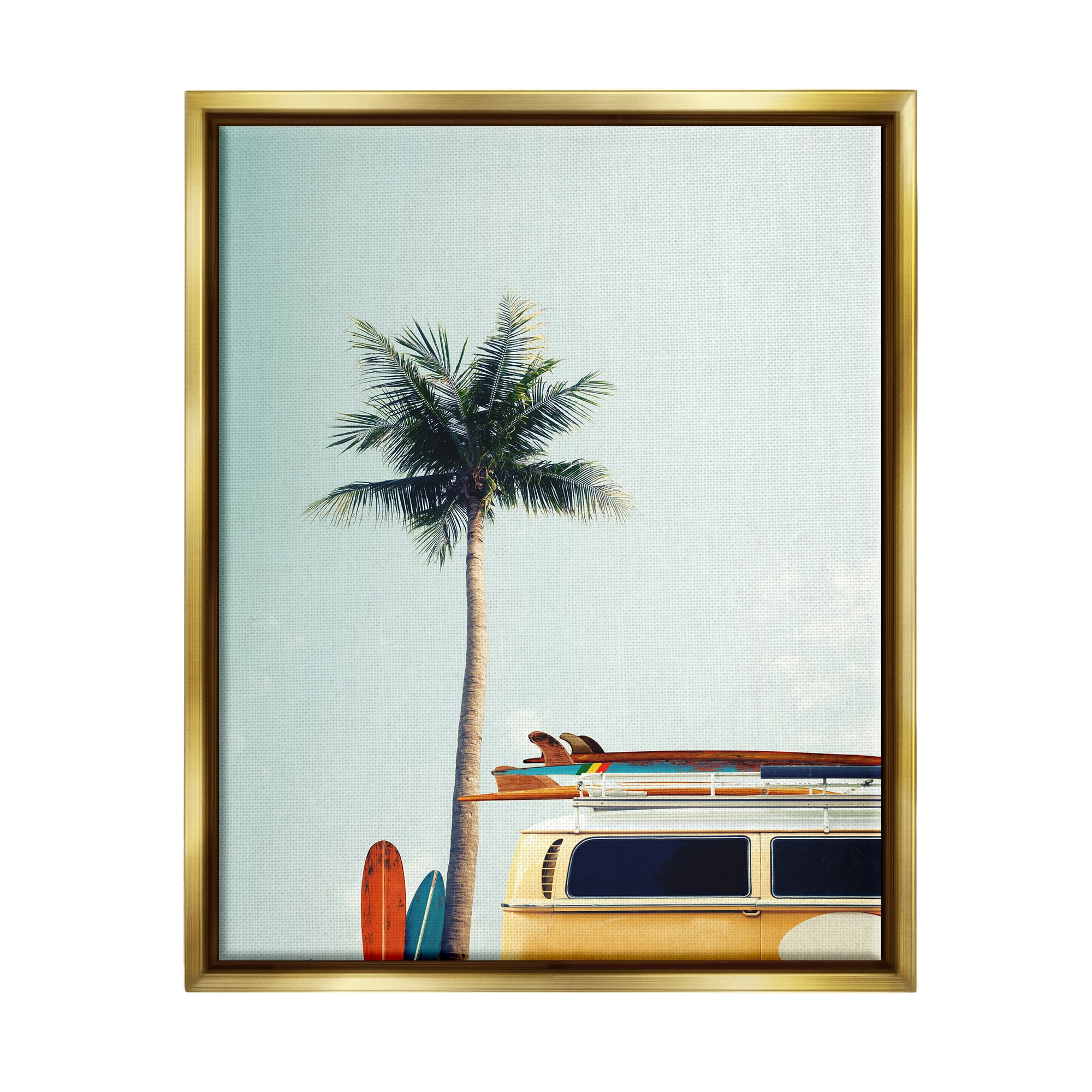 Stupell Industries Surf Bus Yellow With Palm Tree Photography Metallic Gold Framed Floating Canvas Wall Art, 16x20, by Design Fabrikken