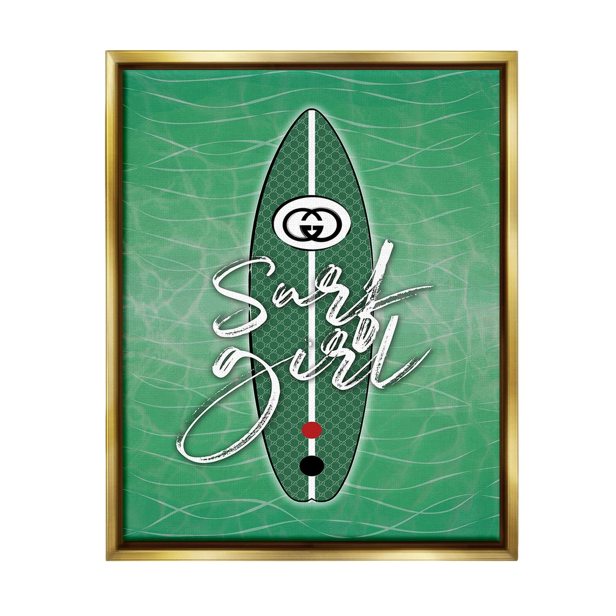 Stupell Industries Surf Girl on Green Beauty & Fashion Painting Gold Floater Framed Canvas Art Print Wall Art, 17 x 21
