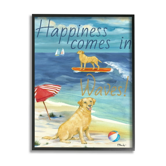 Stupell Industries Surf Pup Happiness in Waves Graphic Art Black Framed Art Print Wall Art, Design by Paul Brent