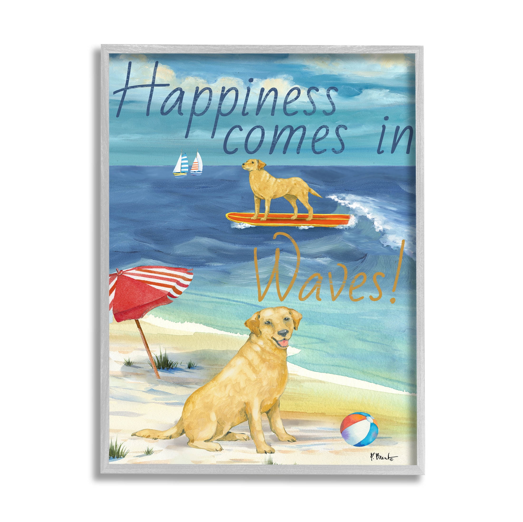 Stupell Industries Surf Pup Happiness in Waves Graphic Art Gray Framed Art Print Wall Art, Design by Paul Brent