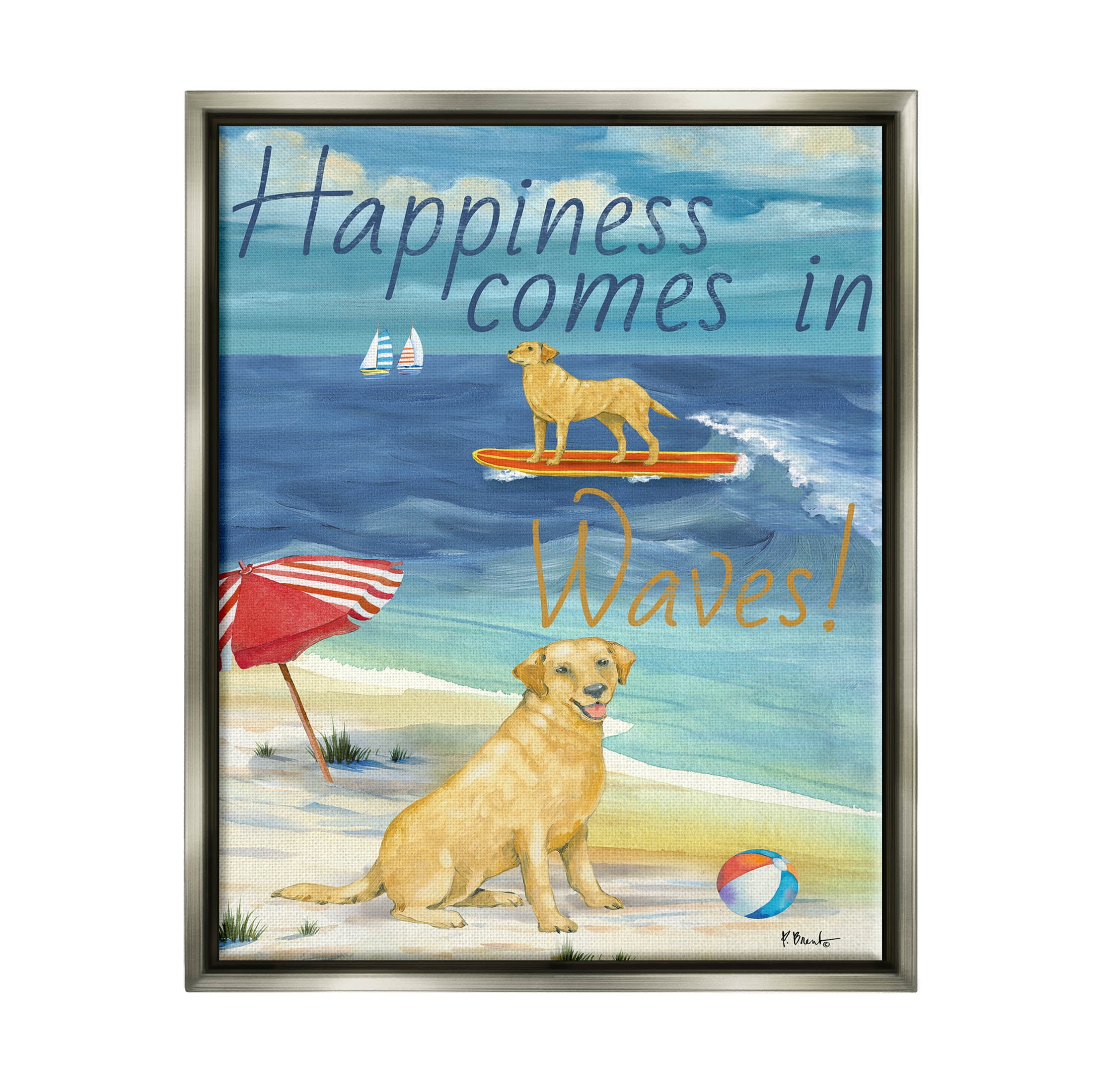 Stupell Industries Surf Pup Happiness in Waves Graphic Art Luster Gray Floating Framed Canvas Print Wall Art, Design by Paul Brent