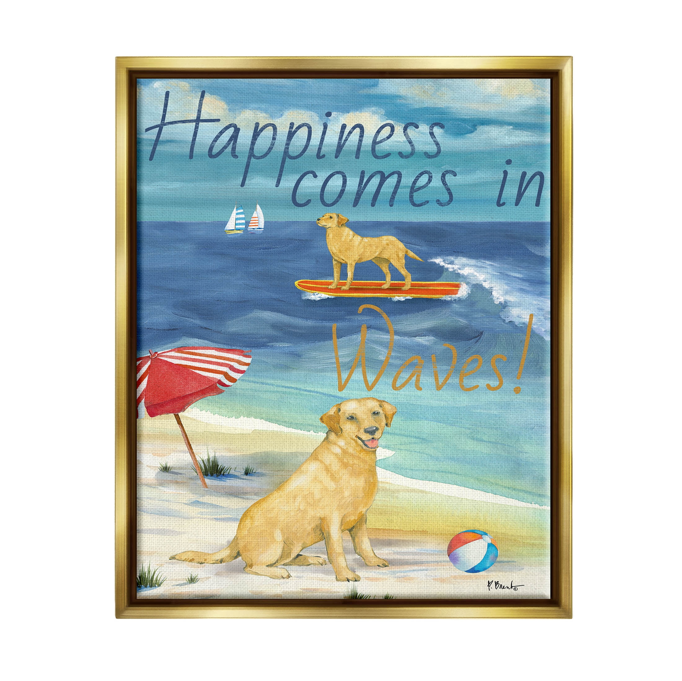 Stupell Industries Surf Pup Happiness in Waves Graphic Art Metallic Gold Floating Framed Canvas Print Wall Art, Design by Paul Brent
