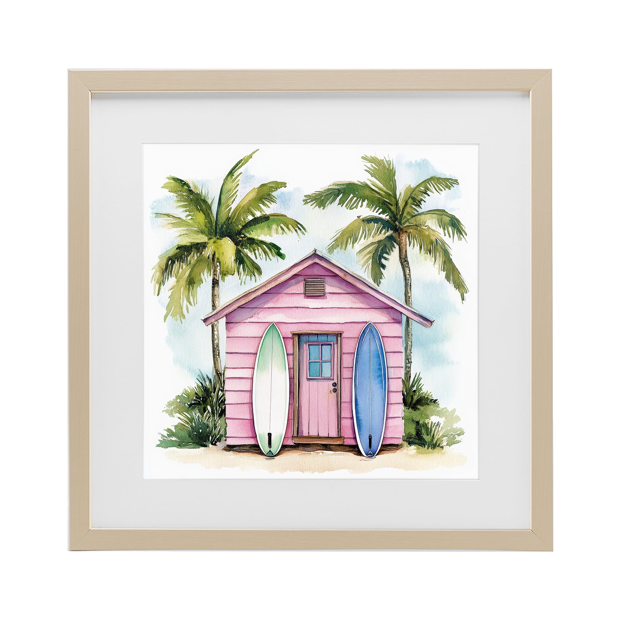 Stupell Industries Surf Shack Under Palms Birch Framed Print Under Glass, design by Petal Prints Design