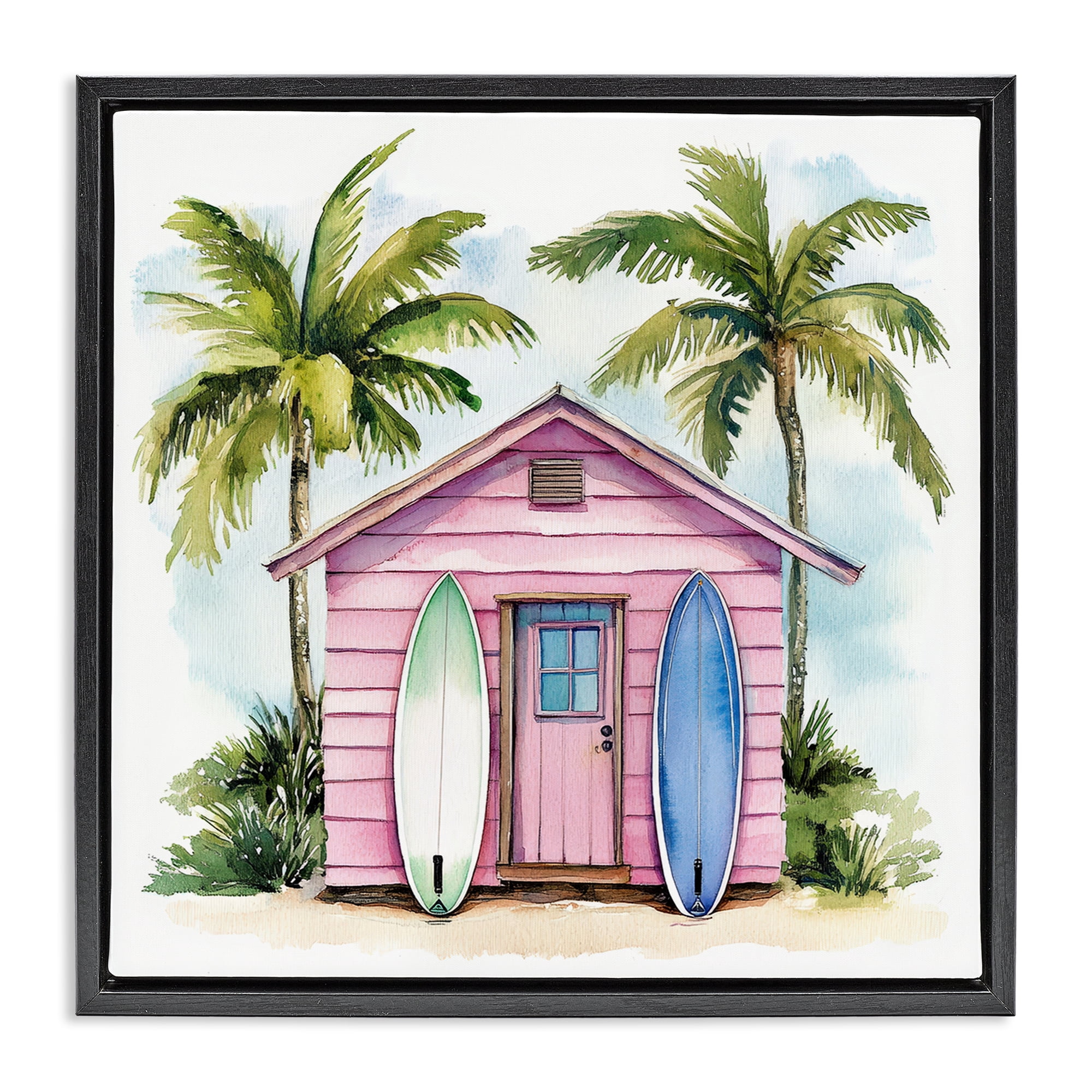 Stupell Industries Surf Shack Under Palms Black Framed Floater Canvas Wall Art, design by Petal Prints Design