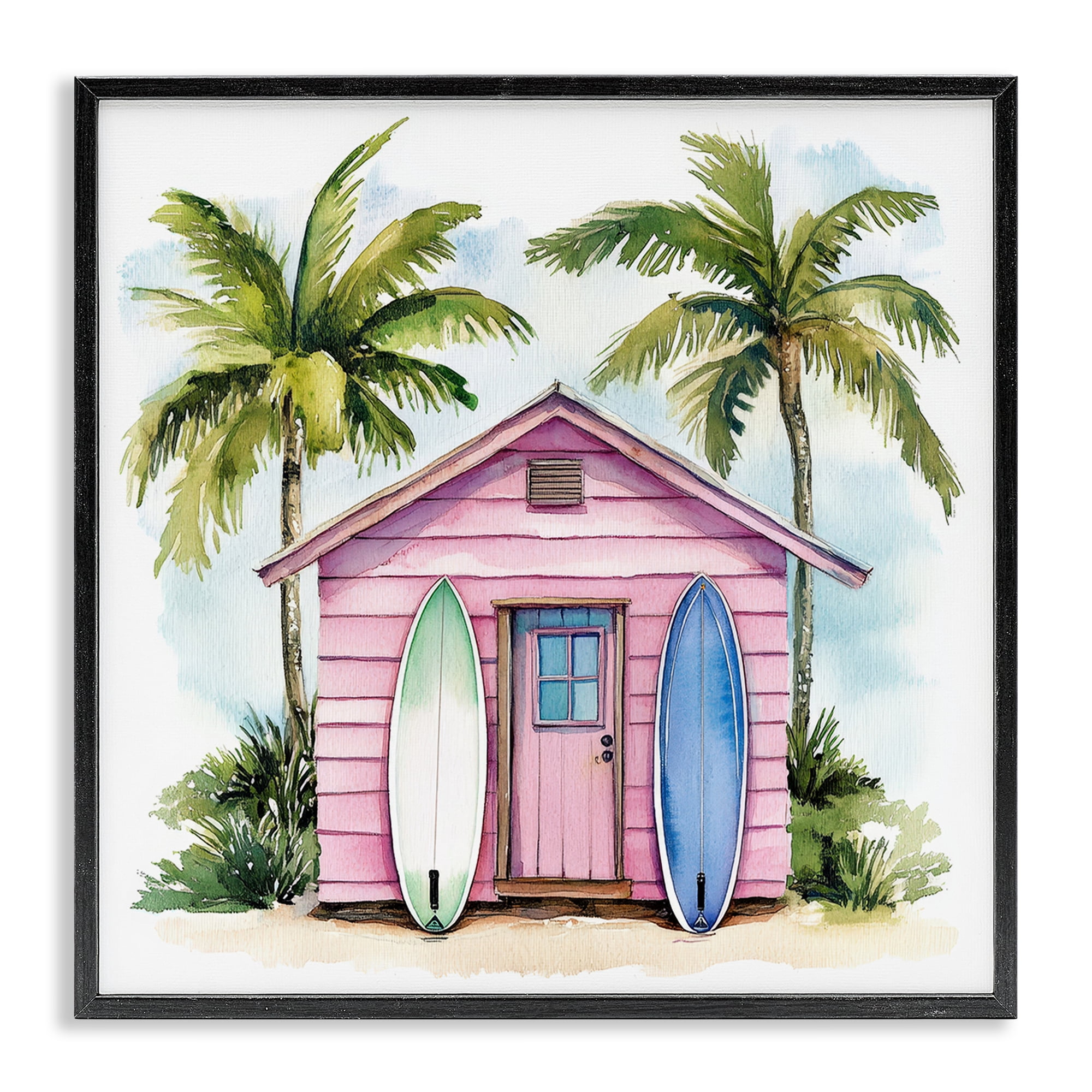 Stupell Industries Surf Shack Under Palms Black Framed Giclee Art, design by Petal Prints Design