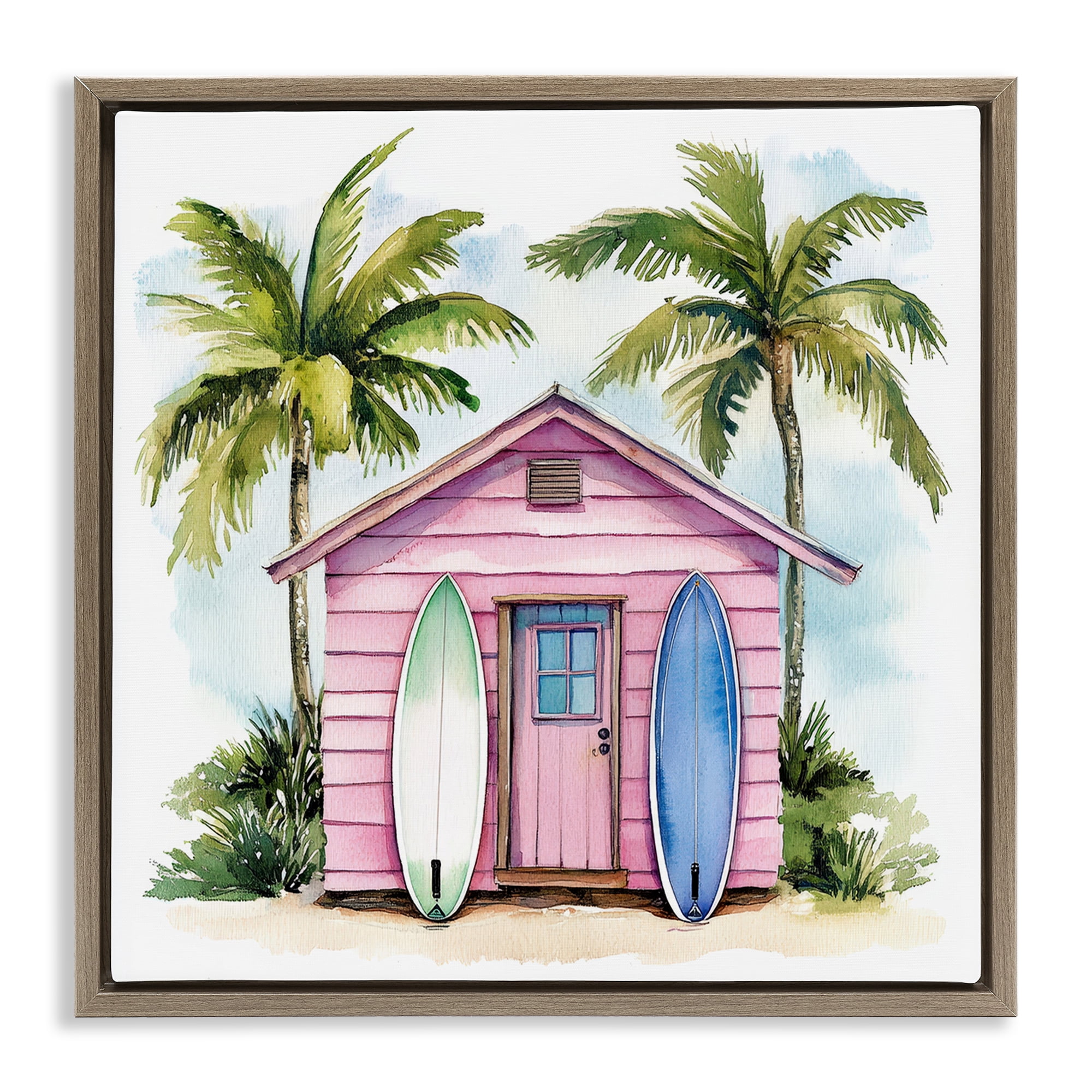 Stupell Industries Surf Shack Under Palms Brown Framed Floater Canvas Wall Art, design by Petal Prints Design