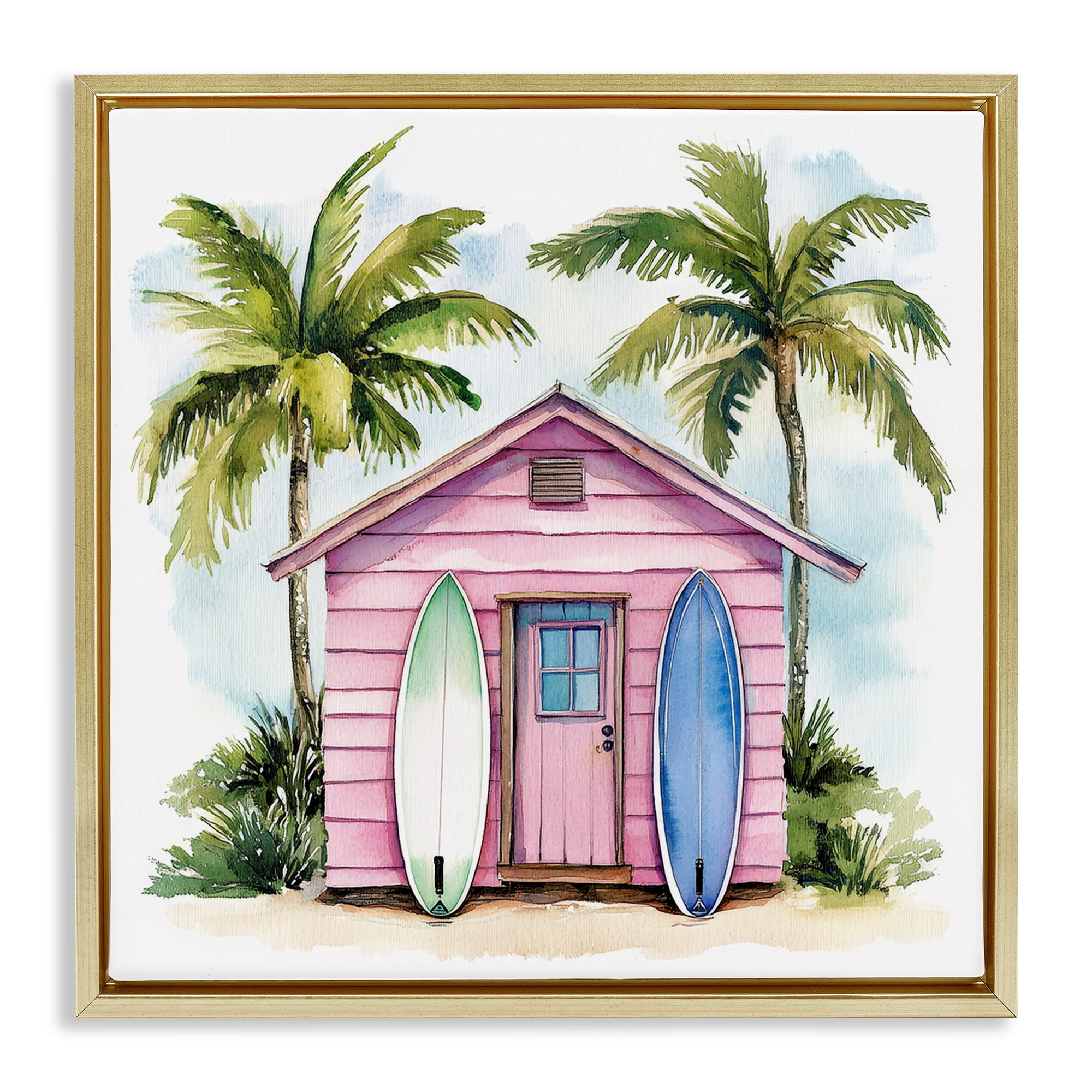 Stupell Industries Surf Shack Under Palms Gold Framed Floater Canvas Wall Art, design by Petal Prints Design