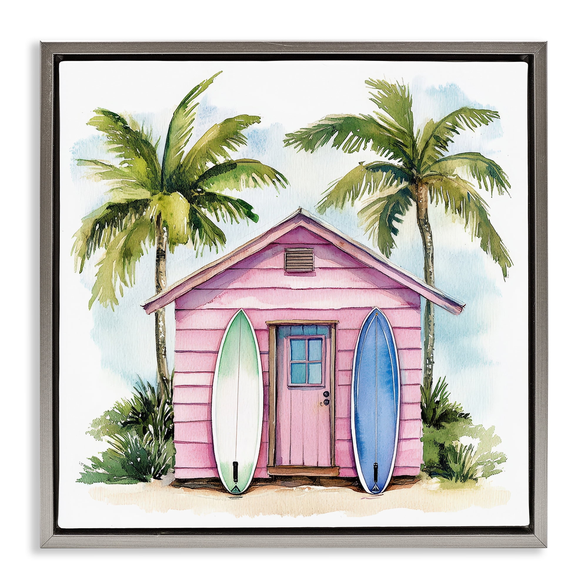 Stupell Industries Surf Shack Under Palms Gray Framed Floater Canvas Wall Art, design by Petal Prints Design