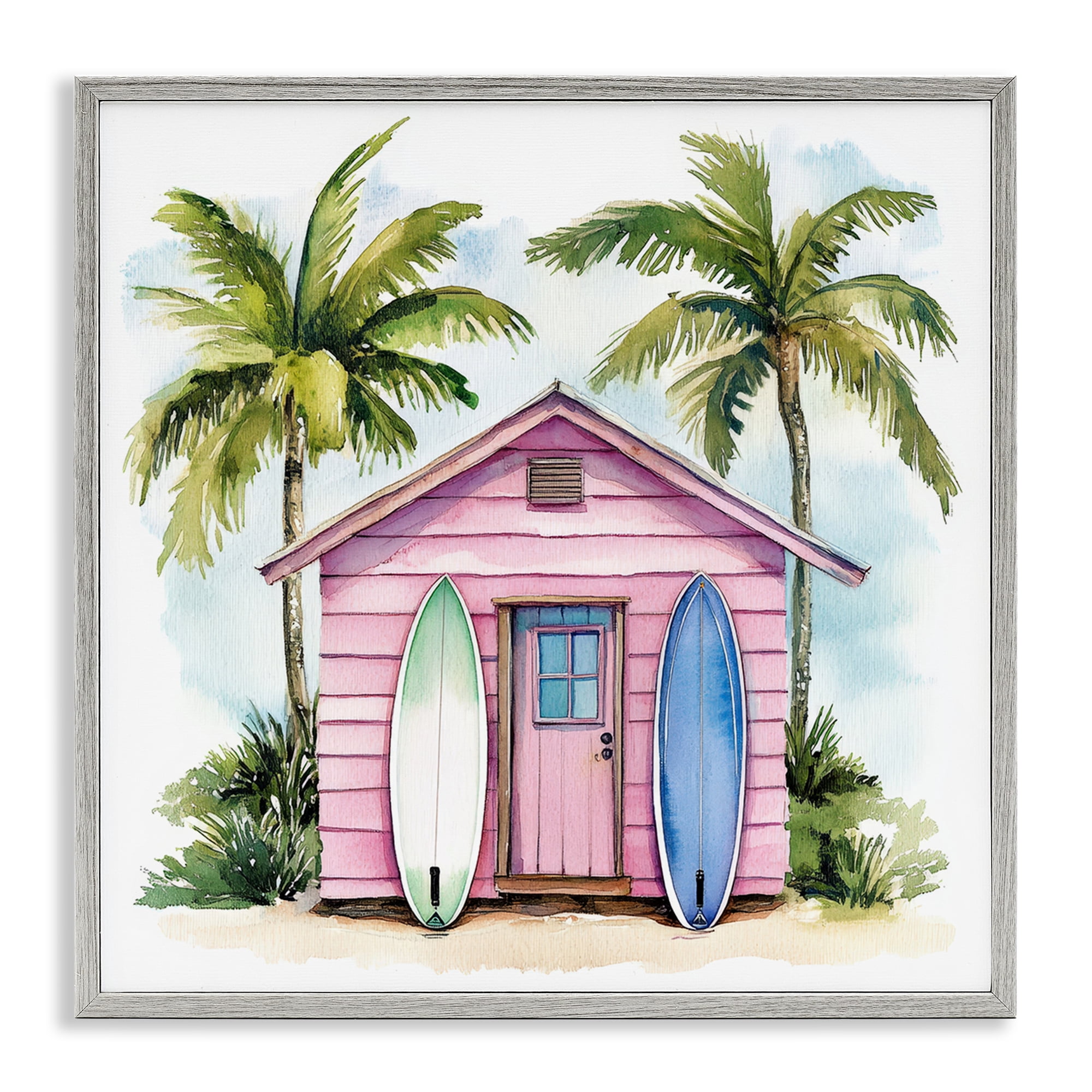 Stupell Industries Surf Shack Under Palms Gray Framed Giclee Art, design by Petal Prints Design