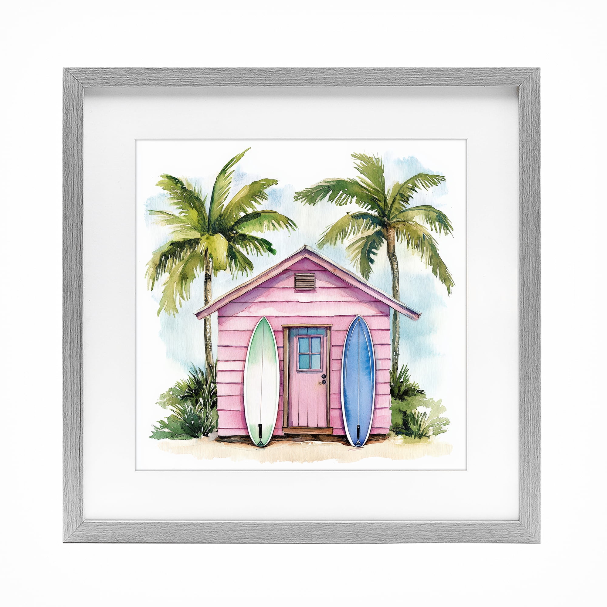 Stupell Industries Surf Shack Under Palms Gray Framed Print Under Glass, design by Petal Prints Design