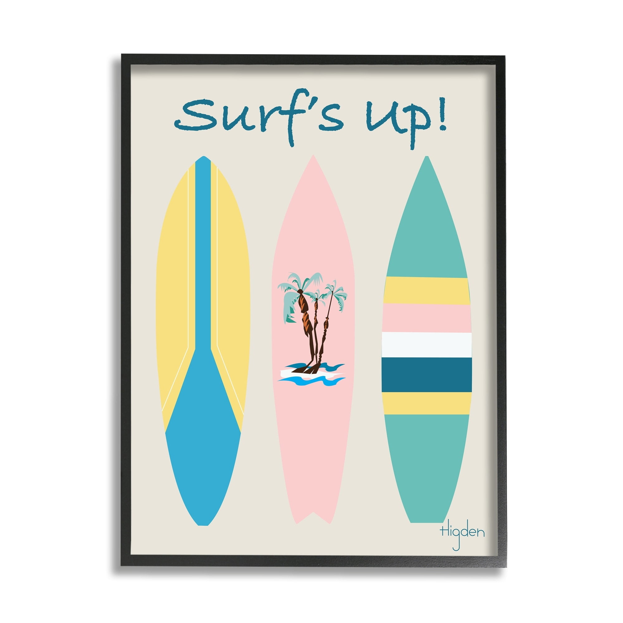 Surf's Up Pastel Palm Tree Surfboard Canvas Print with Black Frame