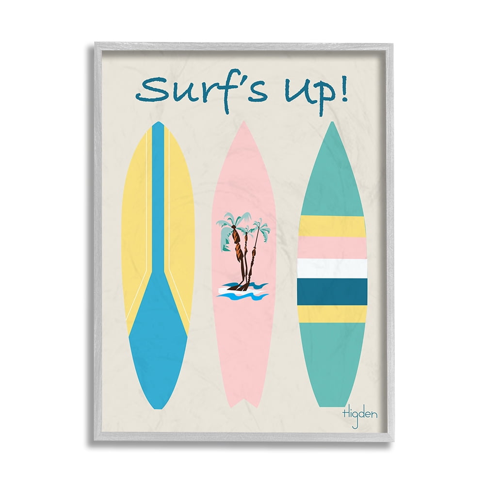 Stupell Industries Surf's Up Phrase Pastel Palm Tree Surfboard Gray Framed by Mark Higden