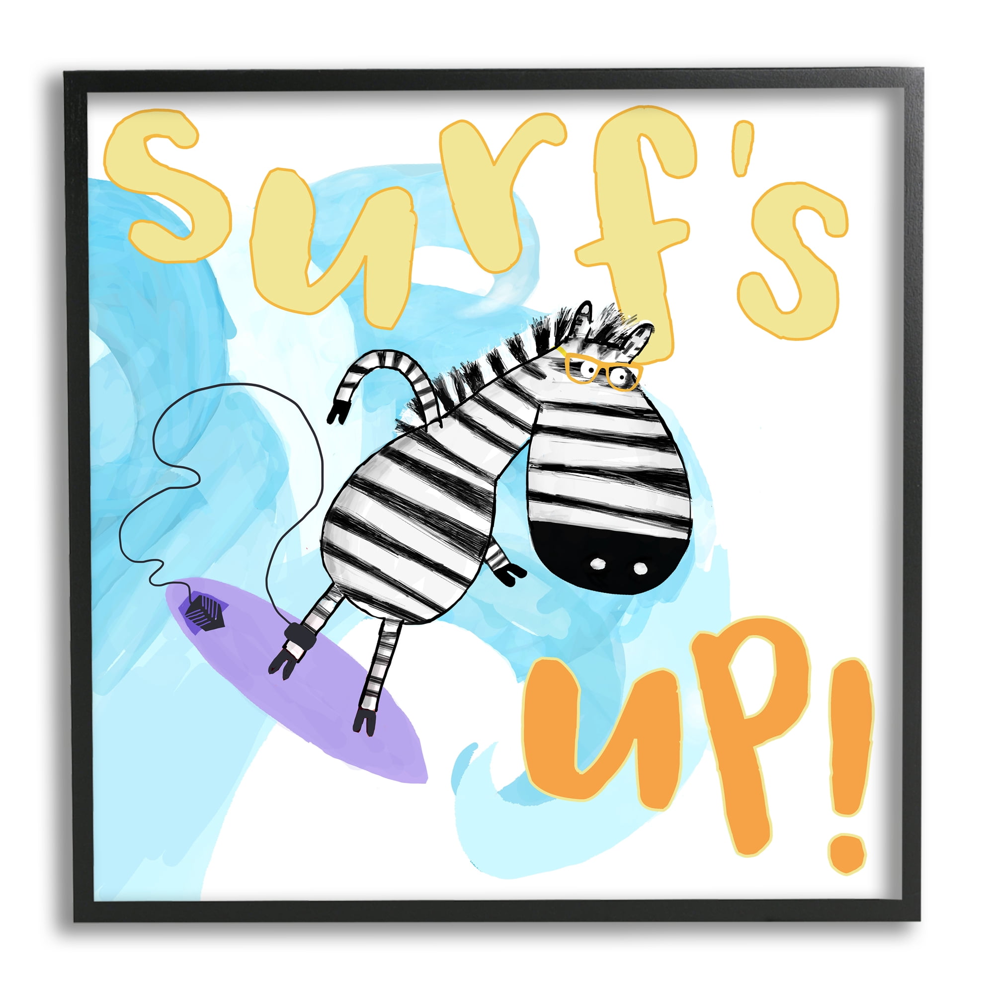 Stupell Industries Surf's Up Zebra Phrase Animals & Insects Painting Black Framed Art Print Wall Art, 24 x 24