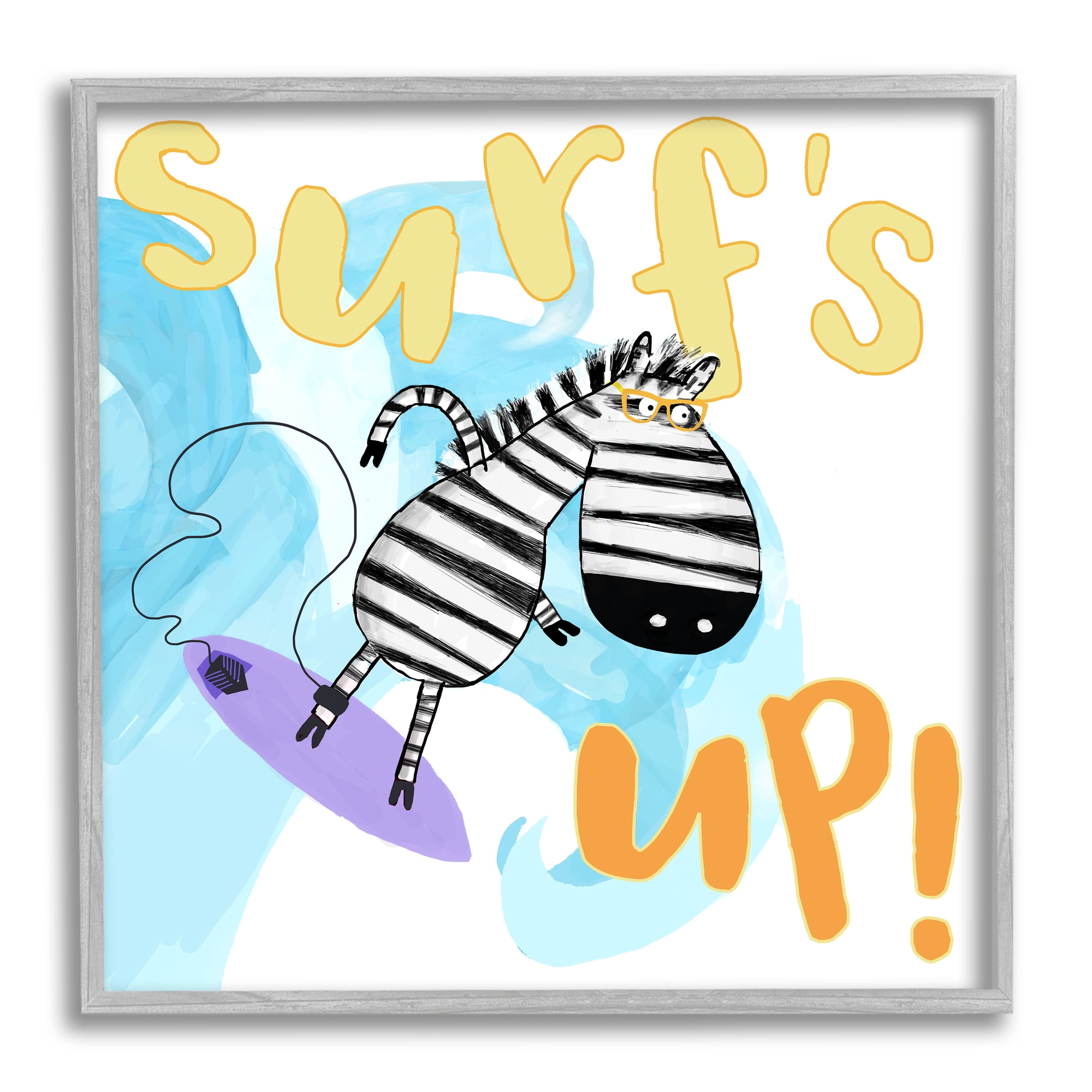 Stupell Industries Surf's Up Zebra Phrase Animals & Insects Painting Gray Framed Art Print Wall Art, 24 x 24