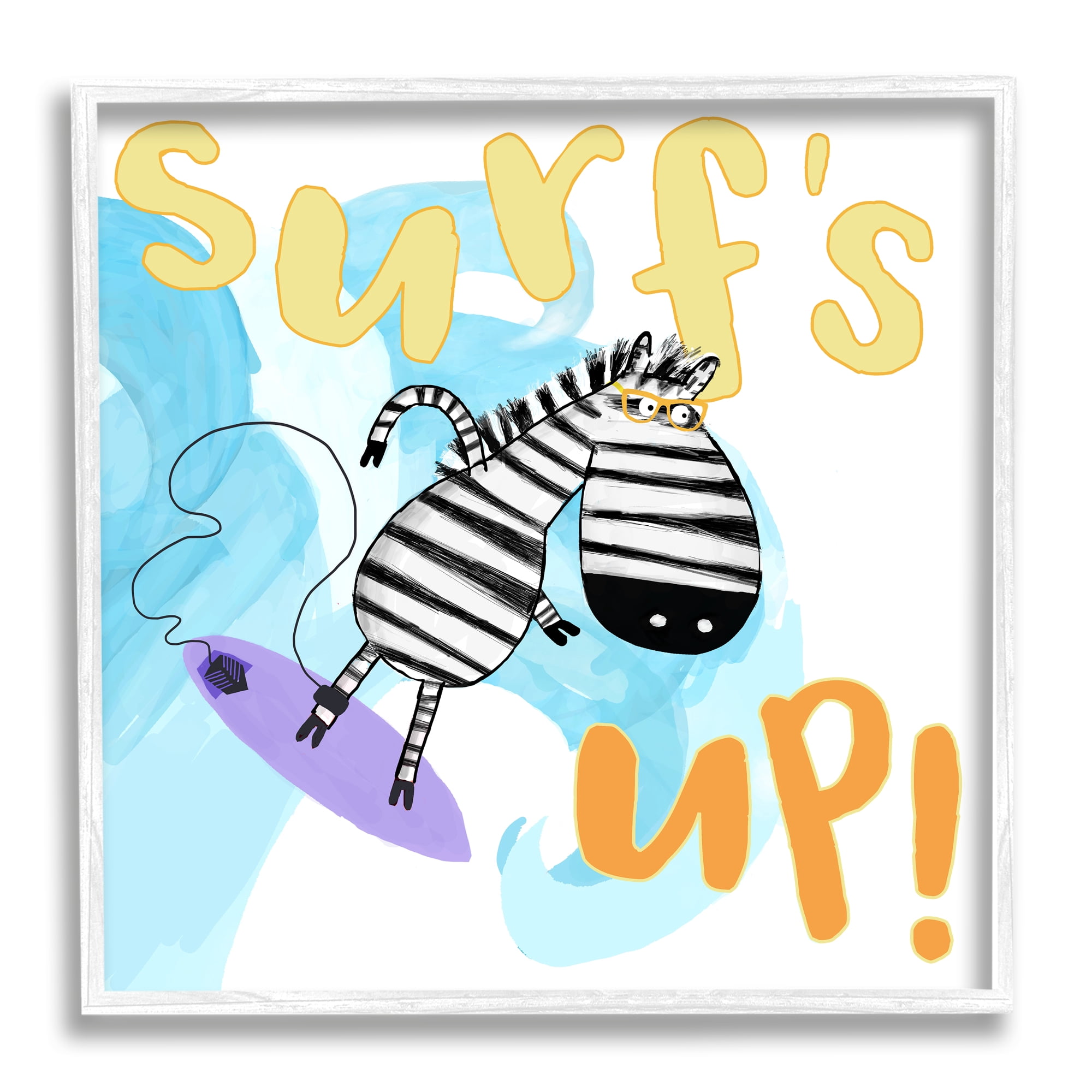 Stupell Industries Surf's Up Zebra Phrase Animals & Insects Painting White Framed Art Print Wall Art, 12 x 12