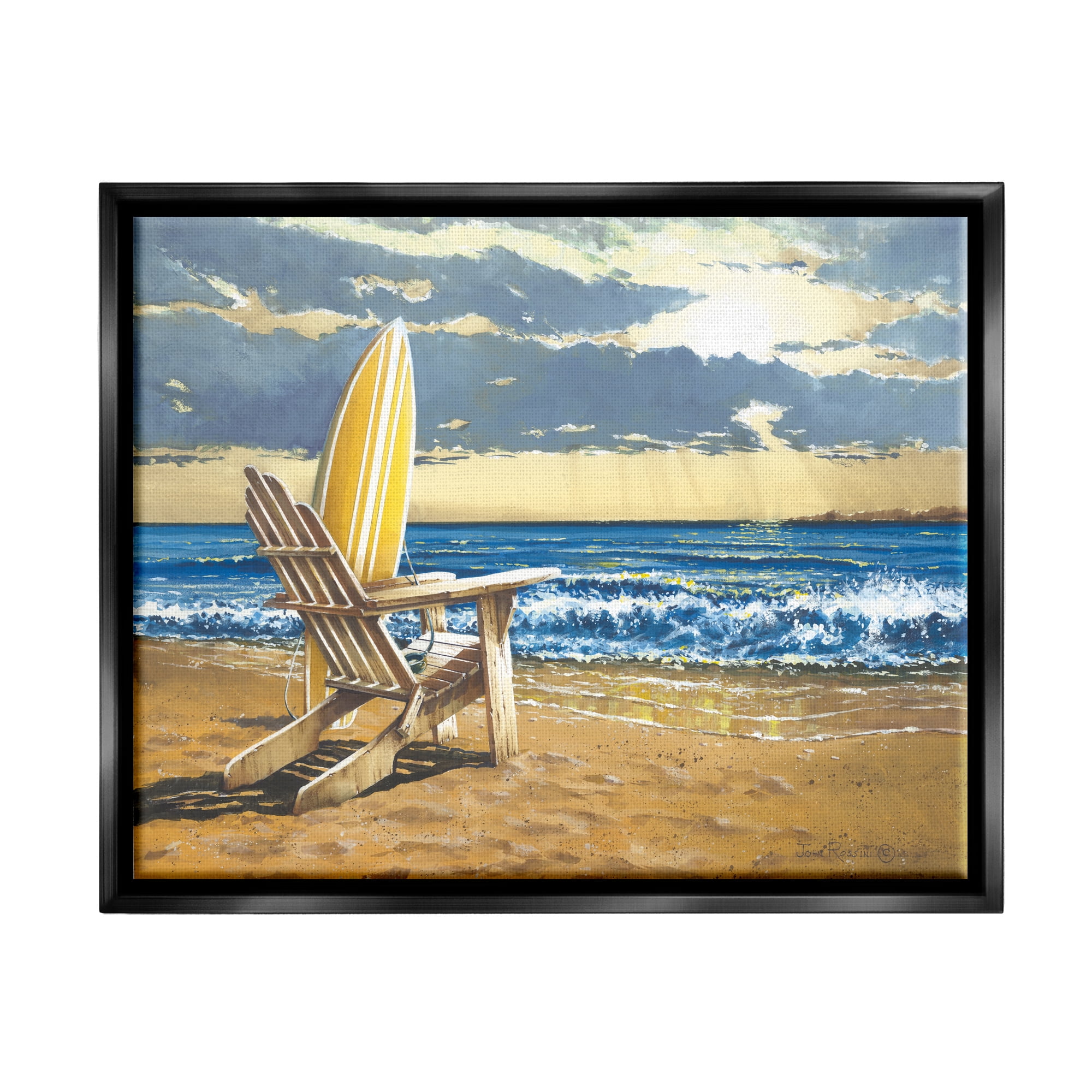 Stupell Industries Surfboard & Beach Waves Nature Painting Black Floater Framed Art Print Wall Art, 31 x 25