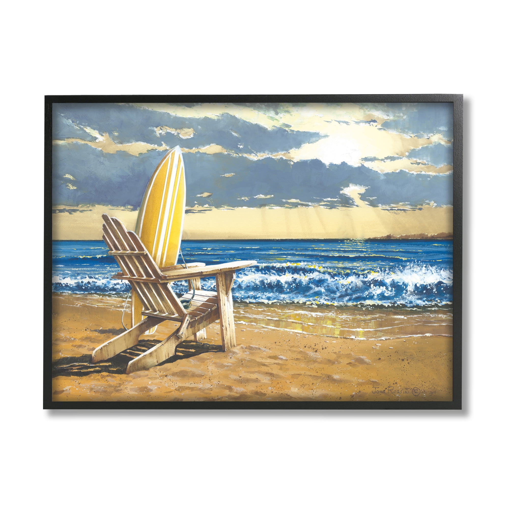 Stupell Industries Surfboard & Beach Waves Nature Painting Black Framed Art Print Wall Art, 30 x 24