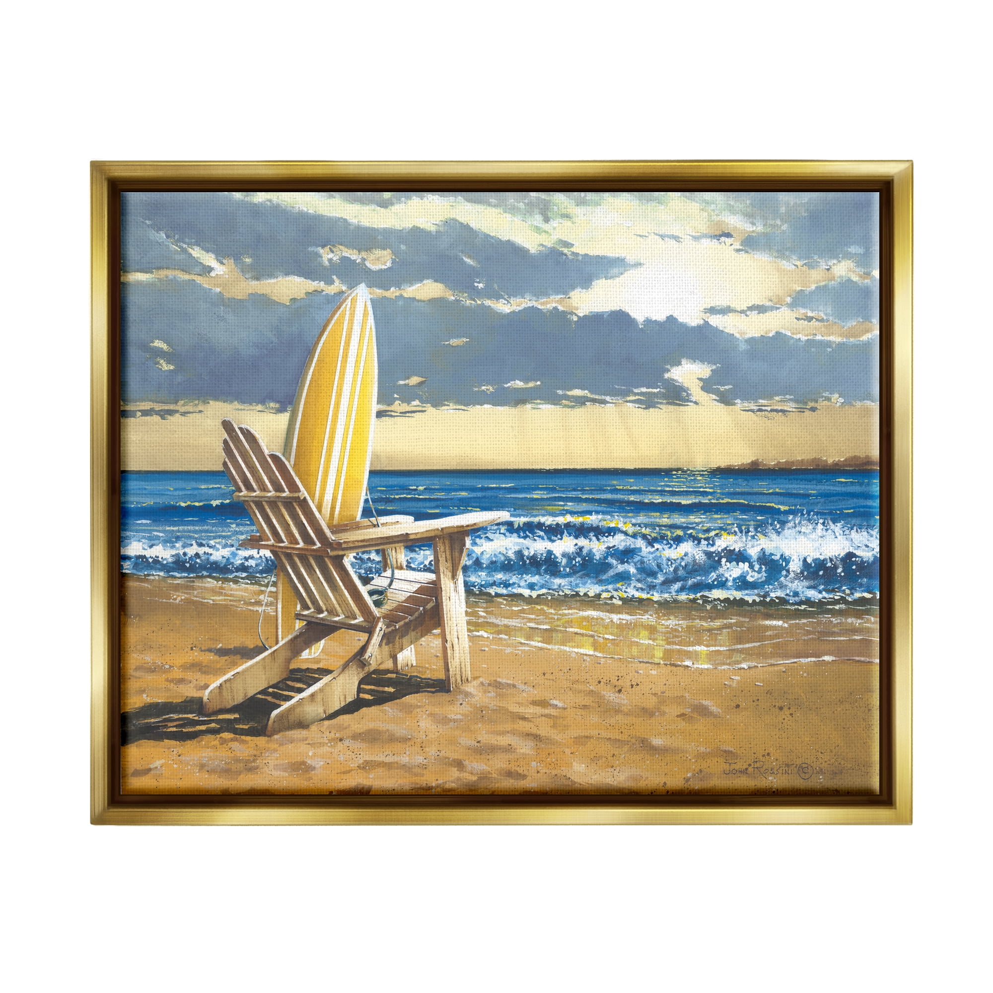 Stupell Industries Surfboard & Beach Waves Nature Painting Gold Floater Framed Art Print Wall Art, 31 x 25