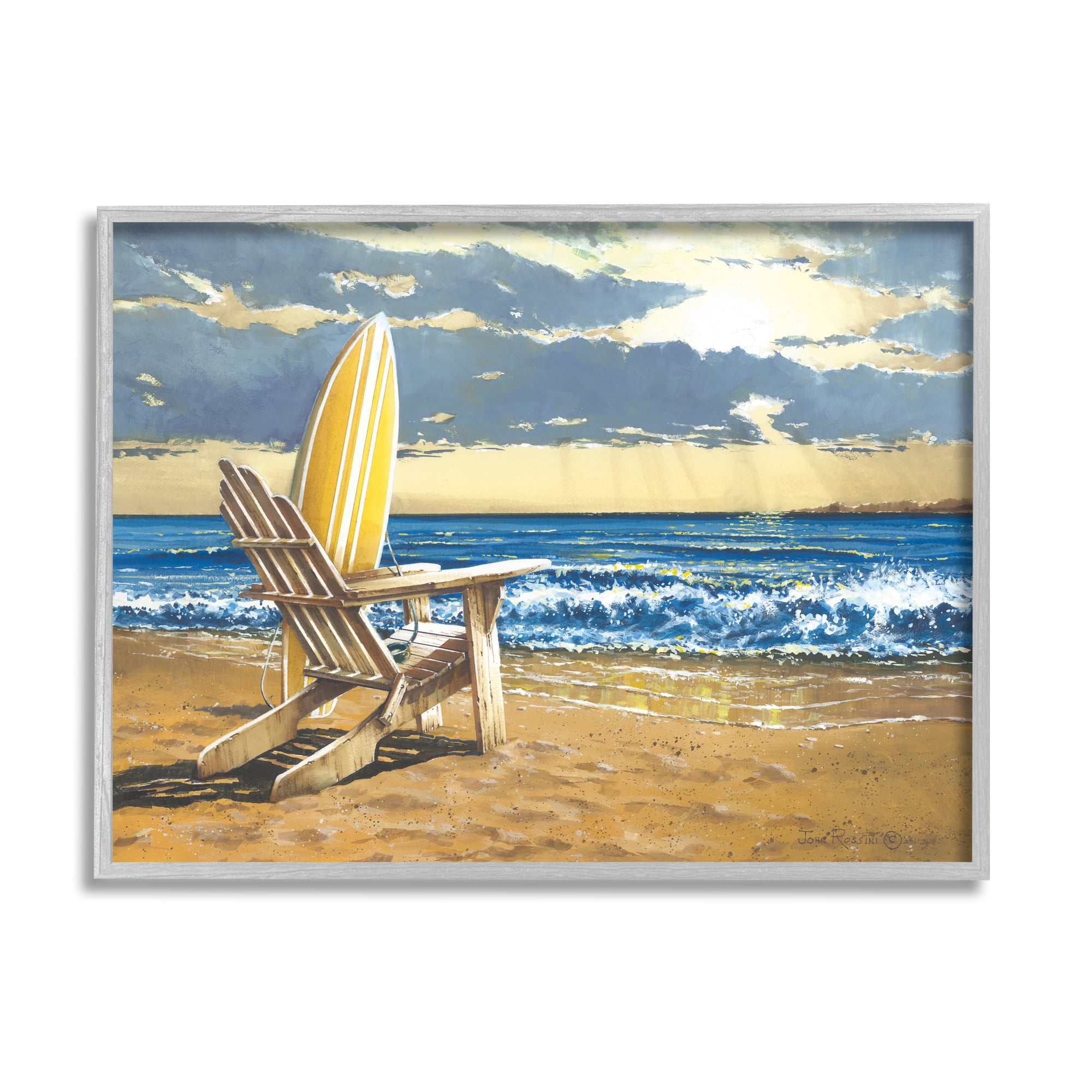 Stupell Industries Surfboard & Beach Waves Nature Painting Gray Framed Art Print Wall Art, 20 x 16