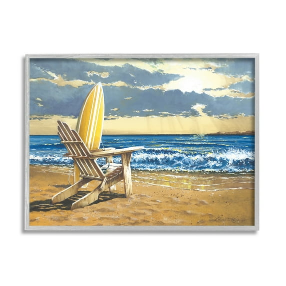 Stupell Industries Surfboard & Beach Waves Nature Painting Gray Framed Art Print Wall Art, 20 x 16