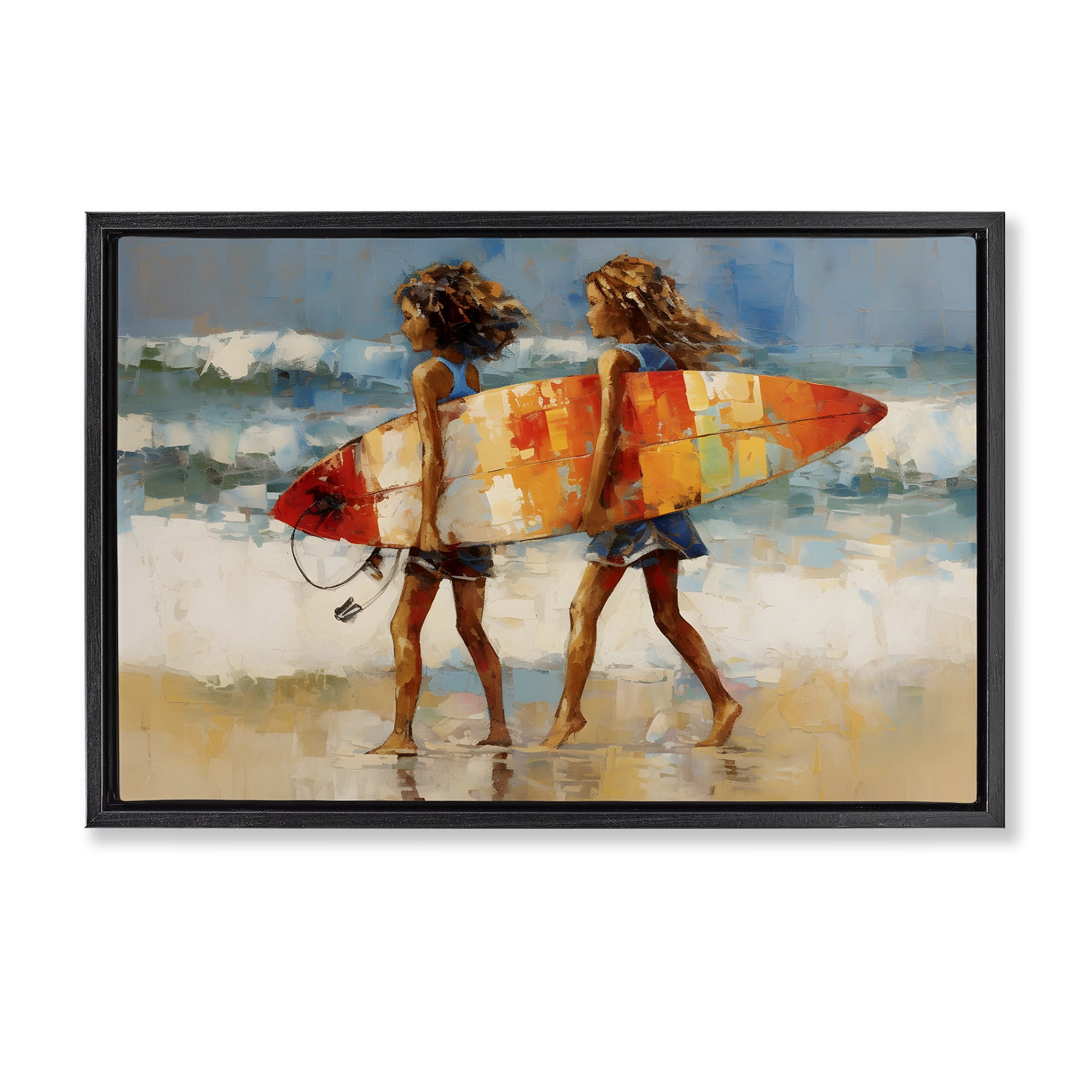 Stupell Industries Surfboard Kids Friends Sports Painting Black Floater Framed Canvas Art Print Wall Art, 25 x 17