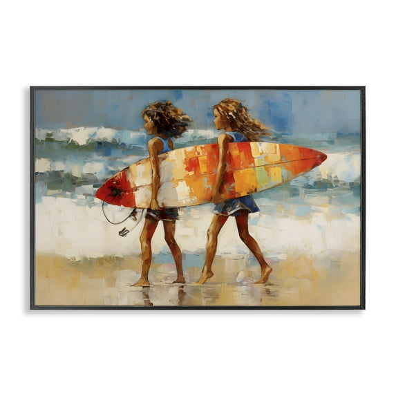 Stupell Industries Surfboard Kids Friends Sports Painting Black Framed Art Print Wall Art, 24 x 16