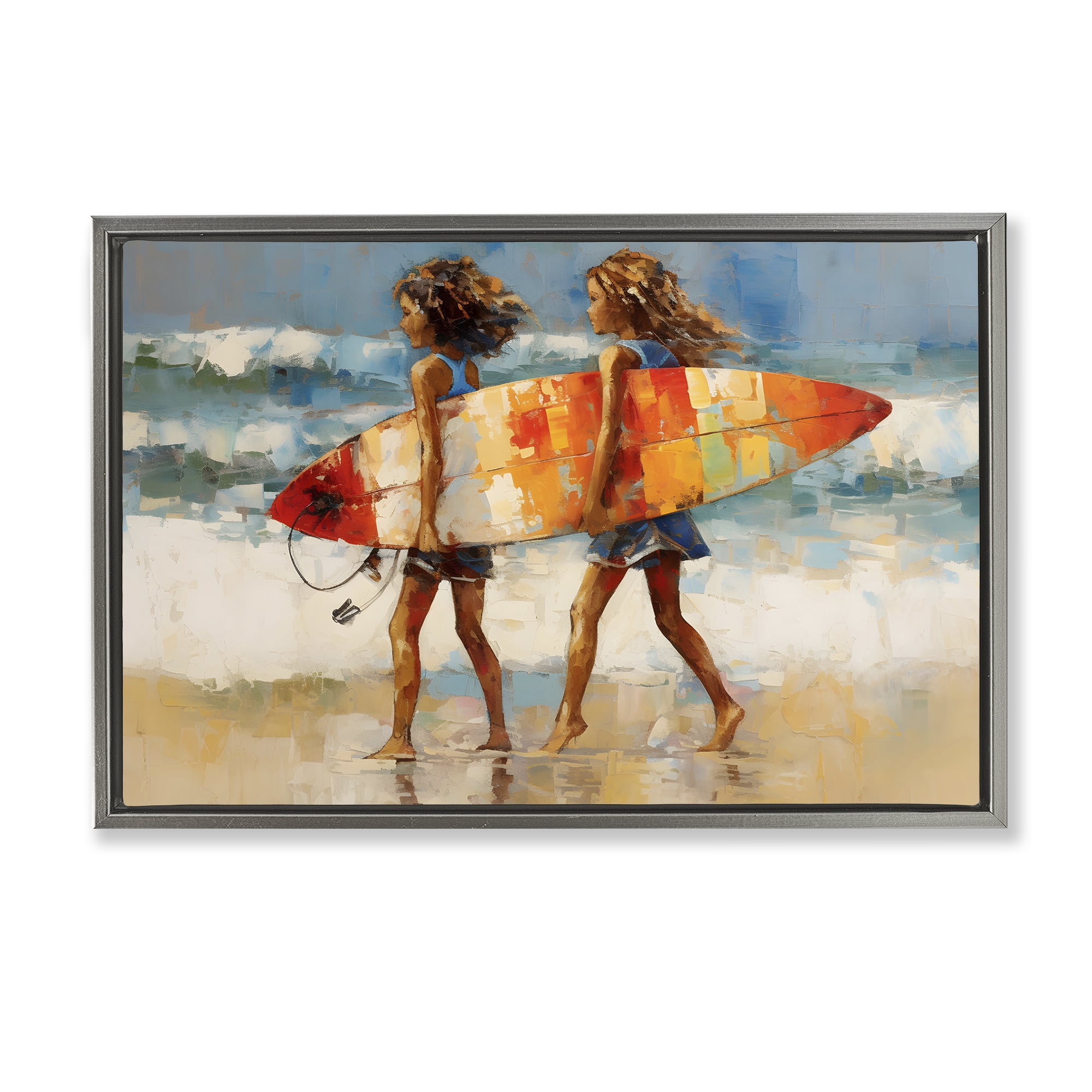Stupell Industries Surfboard Kids Friends Sports Painting Gray Floater Framed Canvas Art Print Wall Art, 25 x 17
