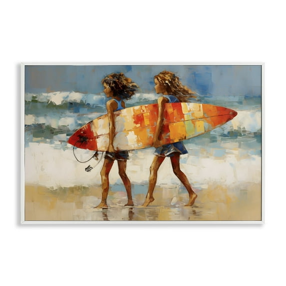 Stupell Industries Surfboard Kids Friends Sports Painting White Framed Art Print Wall Art, 24 x 16