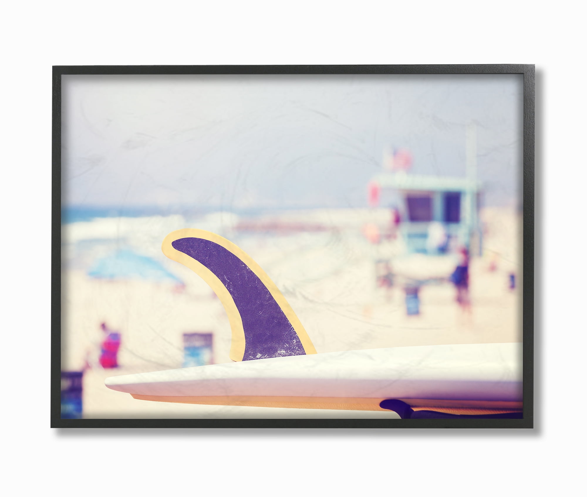 Stupell Industries Surfboard on Beach Photograph Landscape Painting Black Framed Art Print Wall Art, 16 x 20