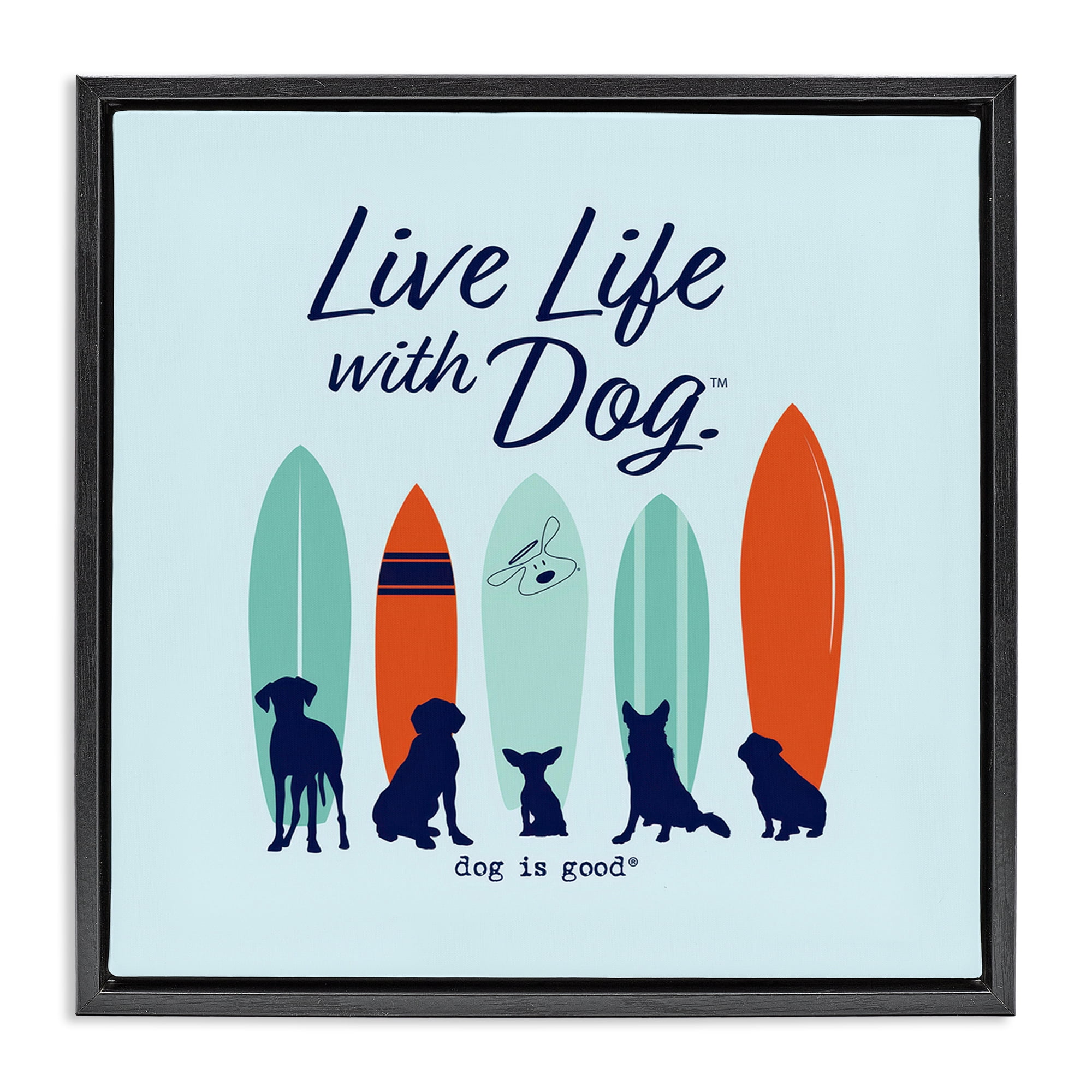 Stupell Industries Surfboards & Dogs Phrase Animals Painting Black Floater Framed Canvas Art Print Wall Art, 25 x 25